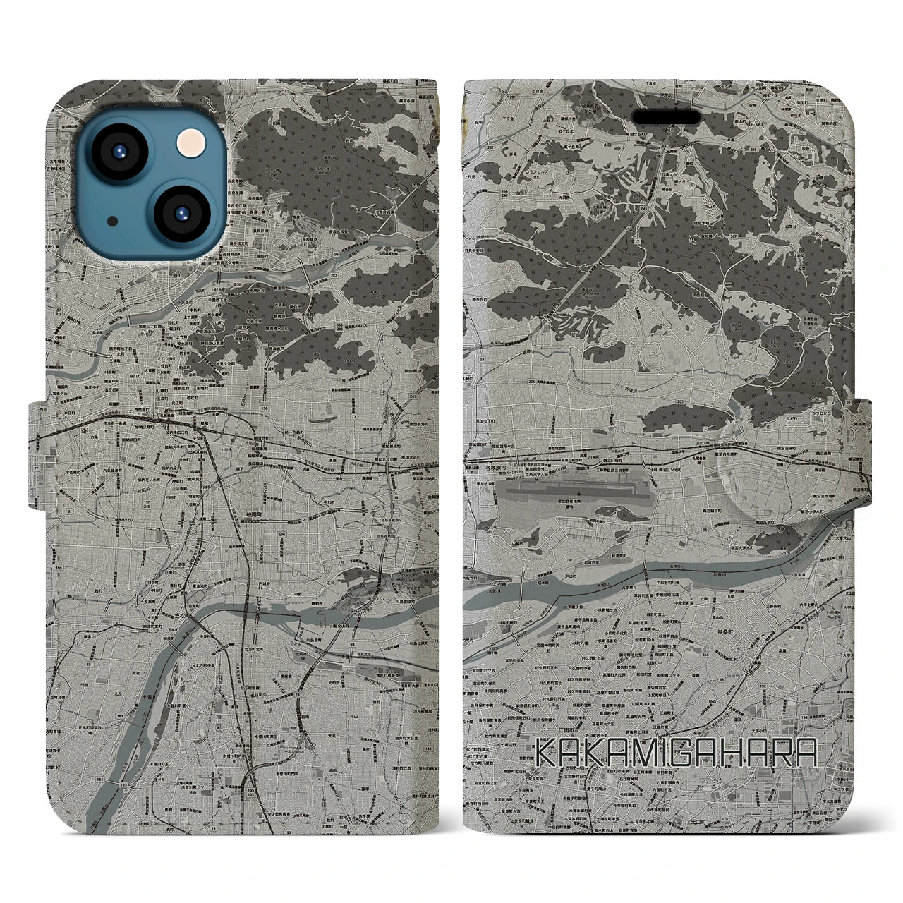 【各務原(岐阜県)】地図柄iPhoneケース(手帳タイプ)モノトーン・iPhone 13 用