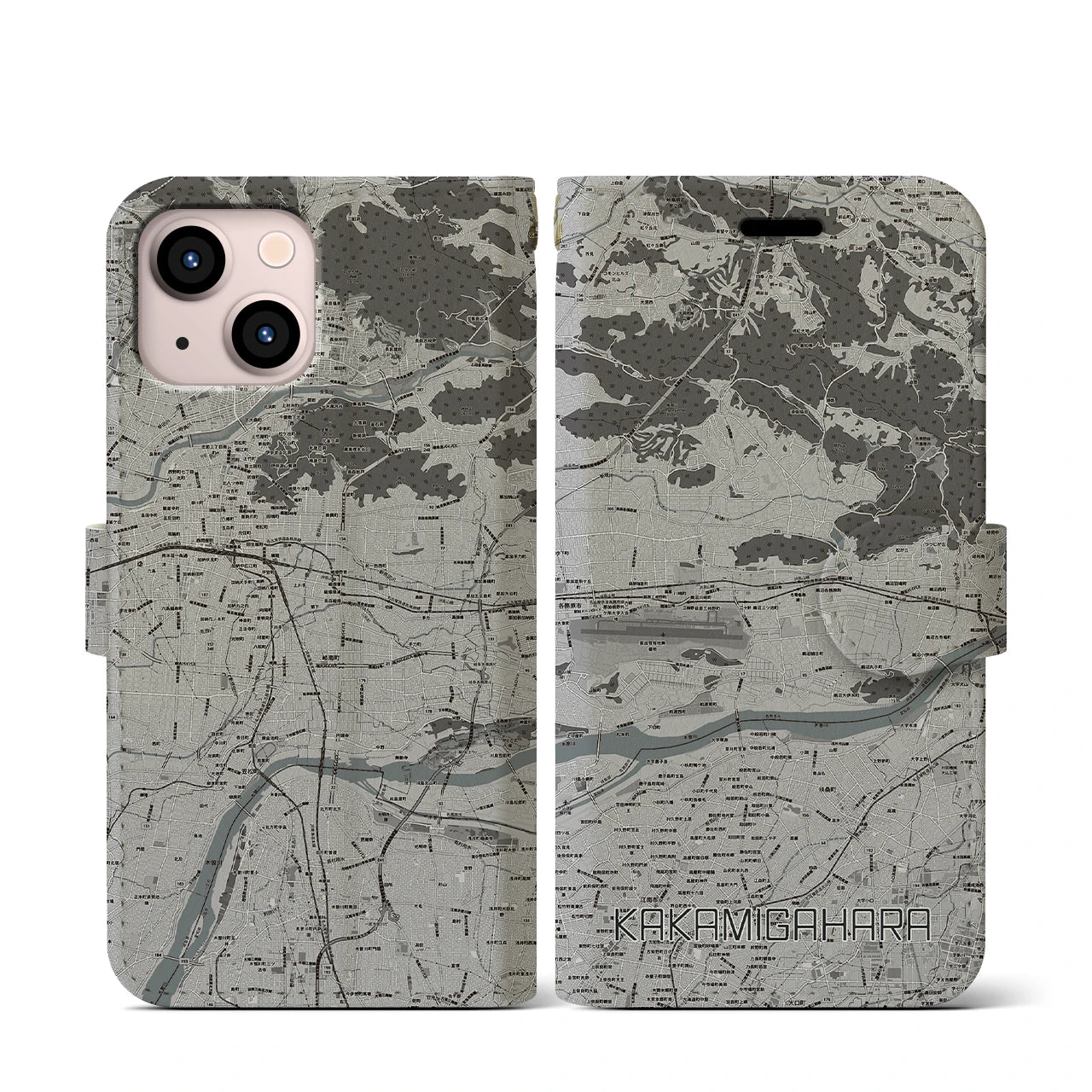【各務原(岐阜県)】地図柄iPhoneケース(手帳タイプ)モノトーン・iPhone 13 mini 用
