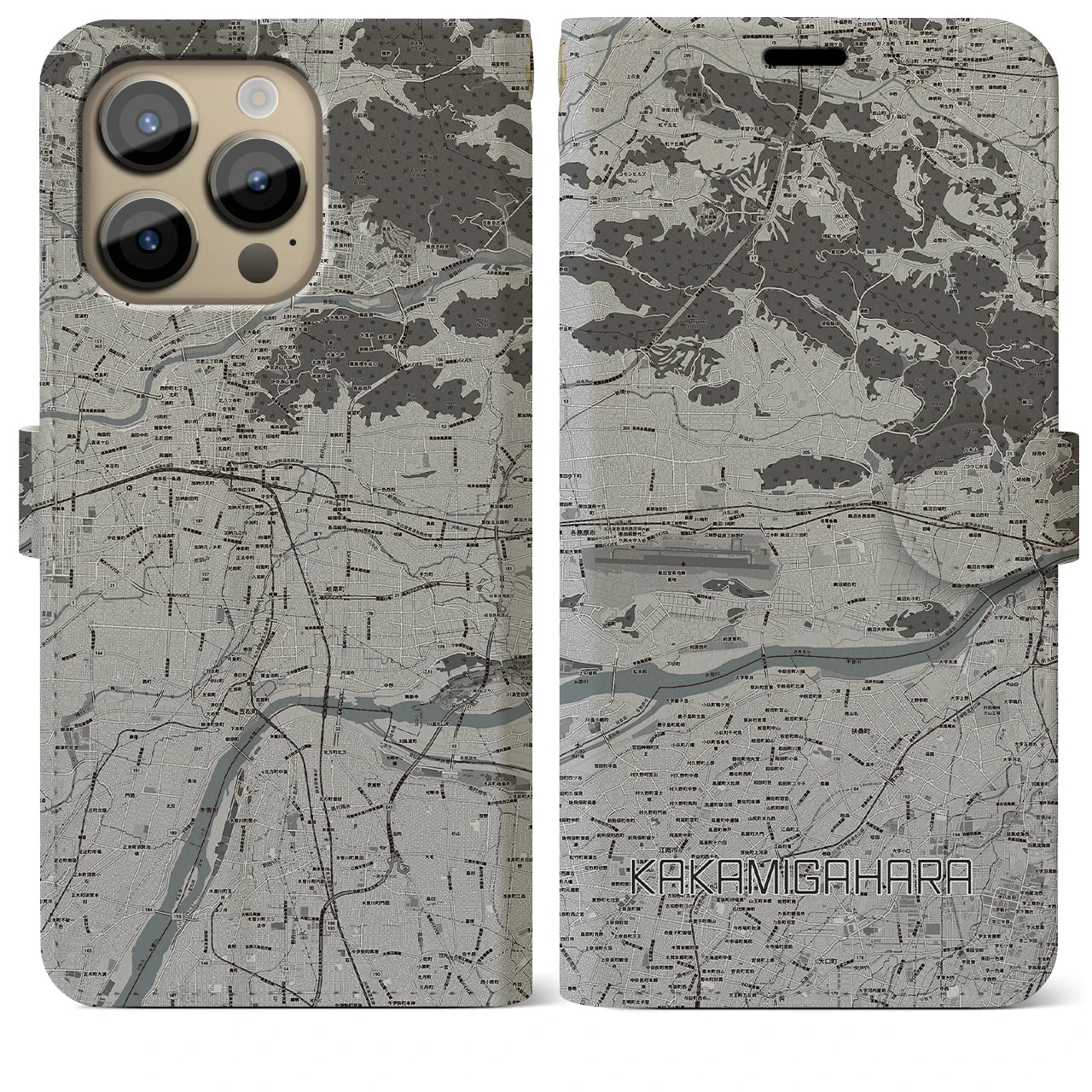【各務原(岐阜県)】地図柄iPhoneケース(手帳タイプ)モノトーン・iPhone 14 Pro Max 用