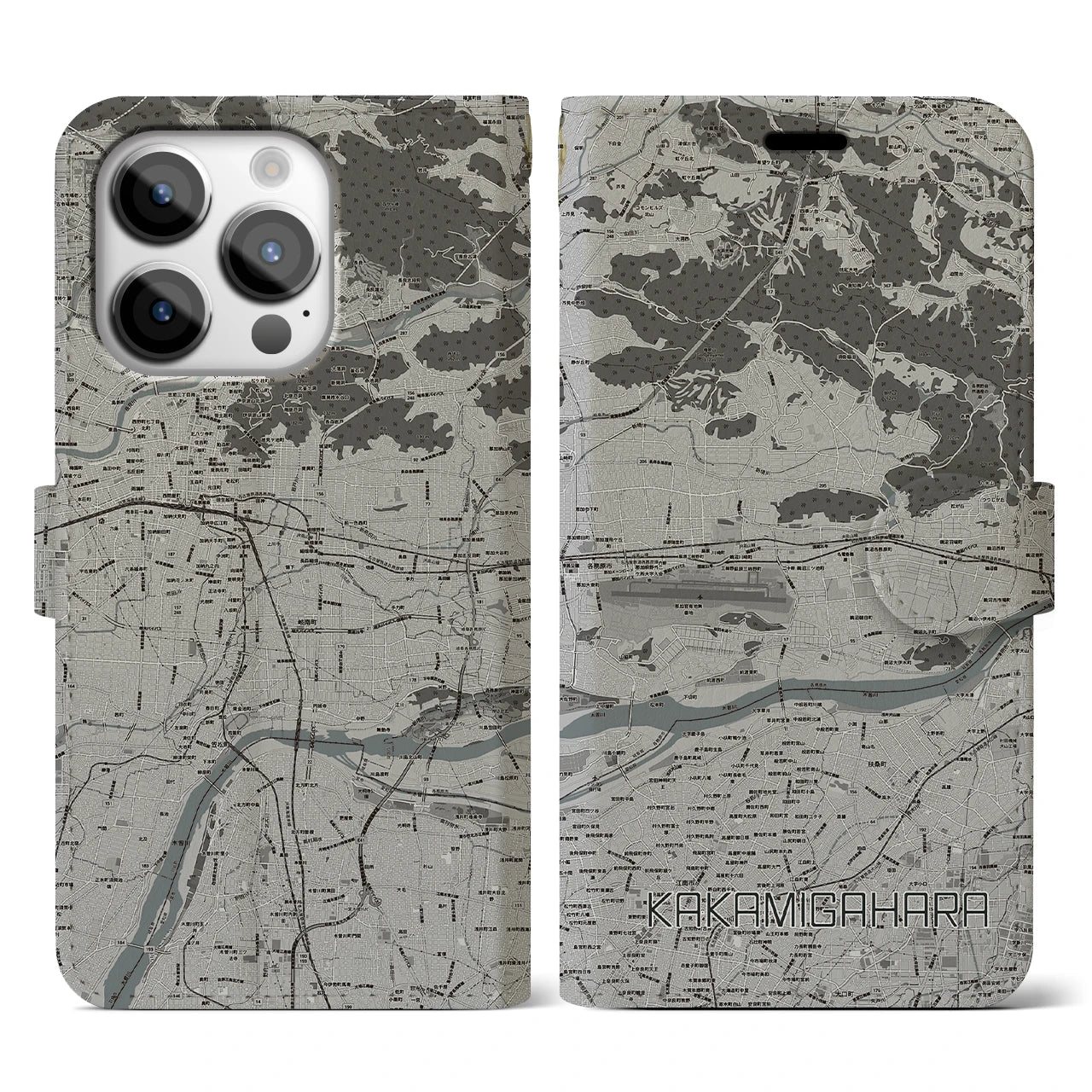 【各務原(岐阜県)】地図柄iPhoneケース(手帳タイプ)モノトーン・iPhone 14 Pro 用