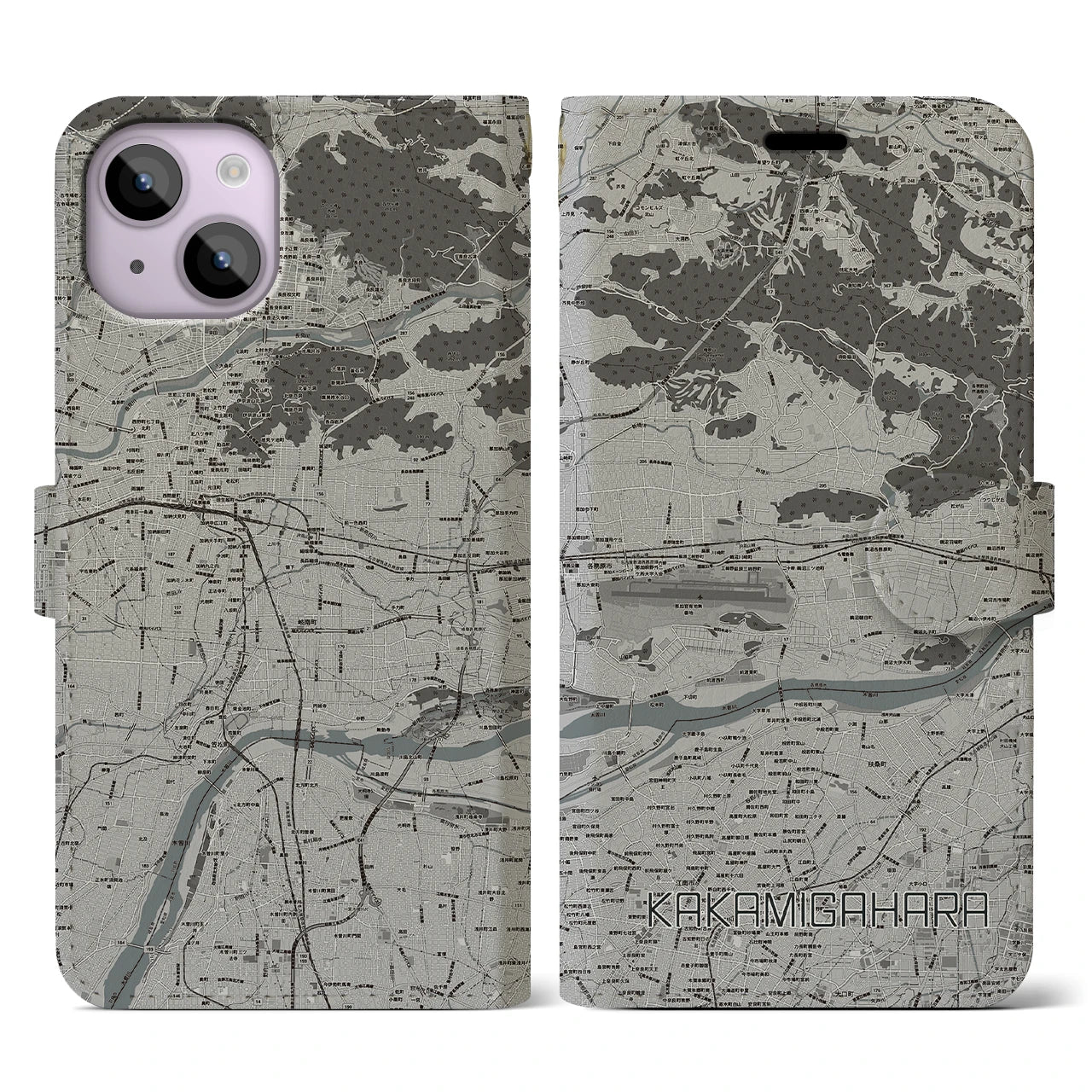 【各務原(岐阜県)】地図柄iPhoneケース(手帳タイプ)モノトーン・iPhone 14 用