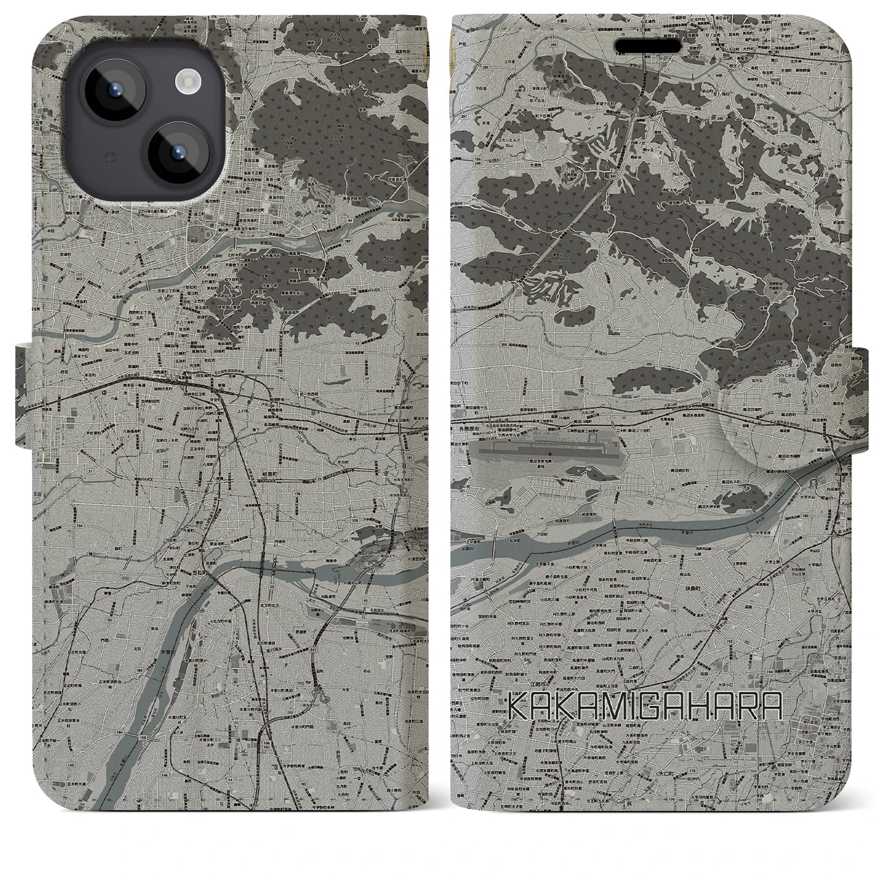 【各務原(岐阜県)】地図柄iPhoneケース(手帳タイプ)モノトーン・iPhone 14 Plus 用
