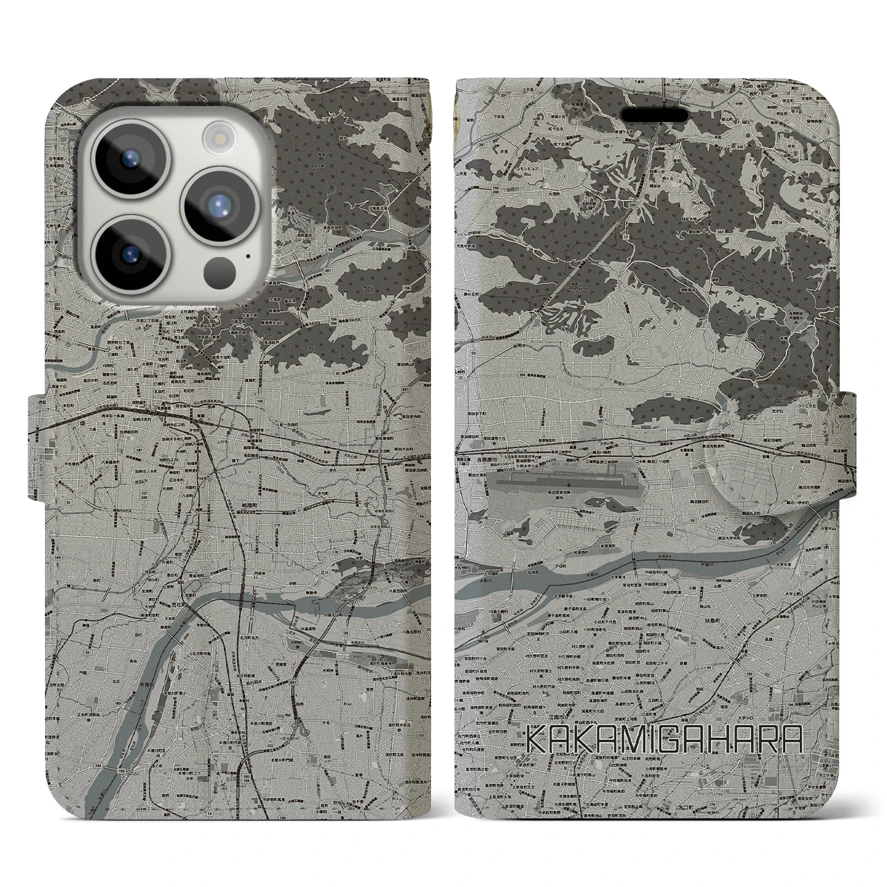【各務原(岐阜県)】地図柄iPhoneケース(手帳タイプ)モノトーン・iPhone 15 Pro 用