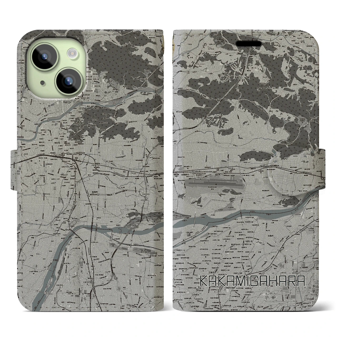【各務原(岐阜県)】地図柄iPhoneケース(手帳タイプ)モノトーン・iPhone 15 用