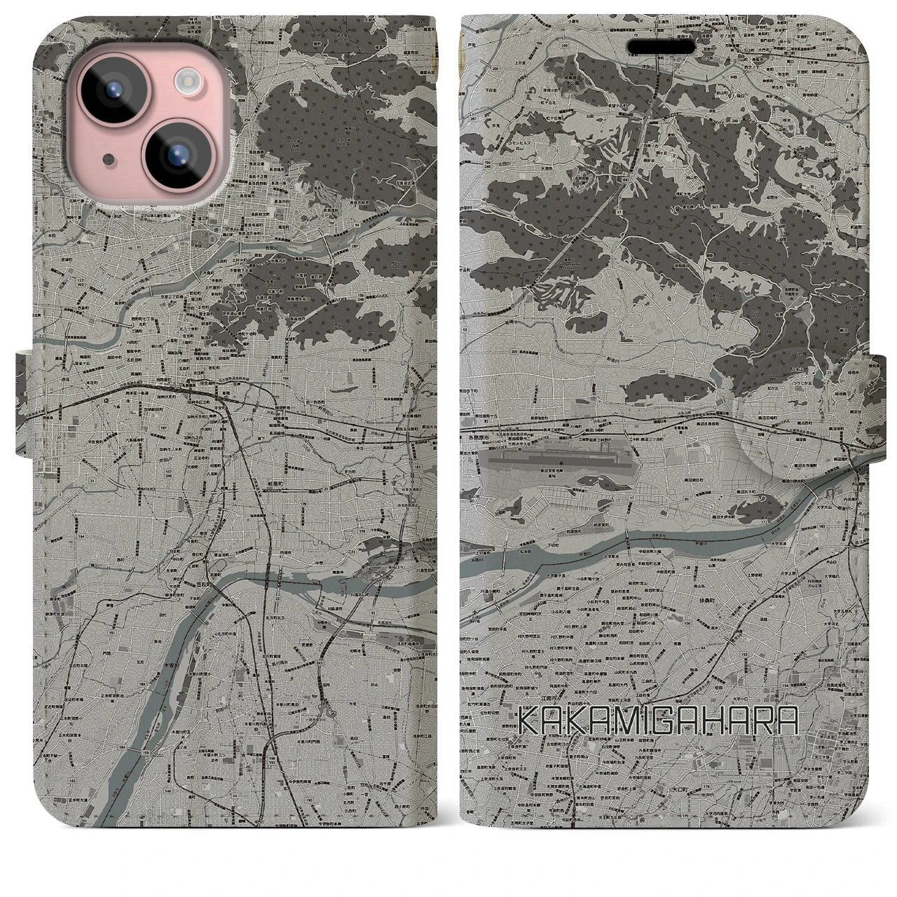 【各務原(岐阜県)】地図柄iPhoneケース(手帳タイプ)モノトーン・iPhone 15 Plus 用