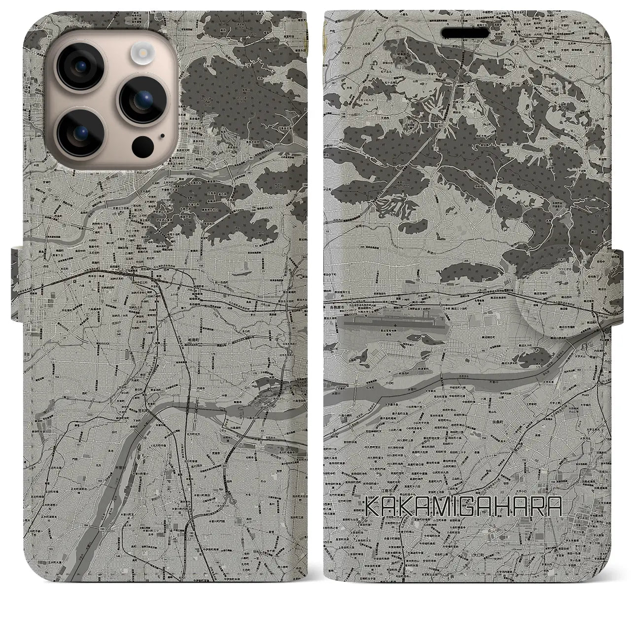 【各務原(岐阜県)】地図柄iPhoneケース(手帳タイプ)モノトーン・iPhone 16 Plus 用
