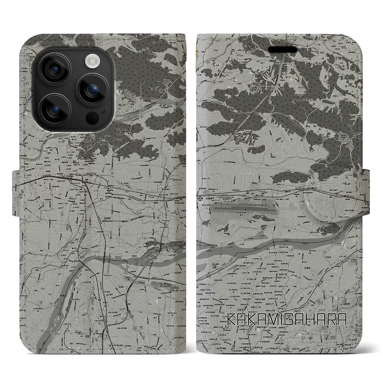【各務原(岐阜県)】地図柄iPhoneケース(手帳タイプ)モノトーン・iPhone 16 用