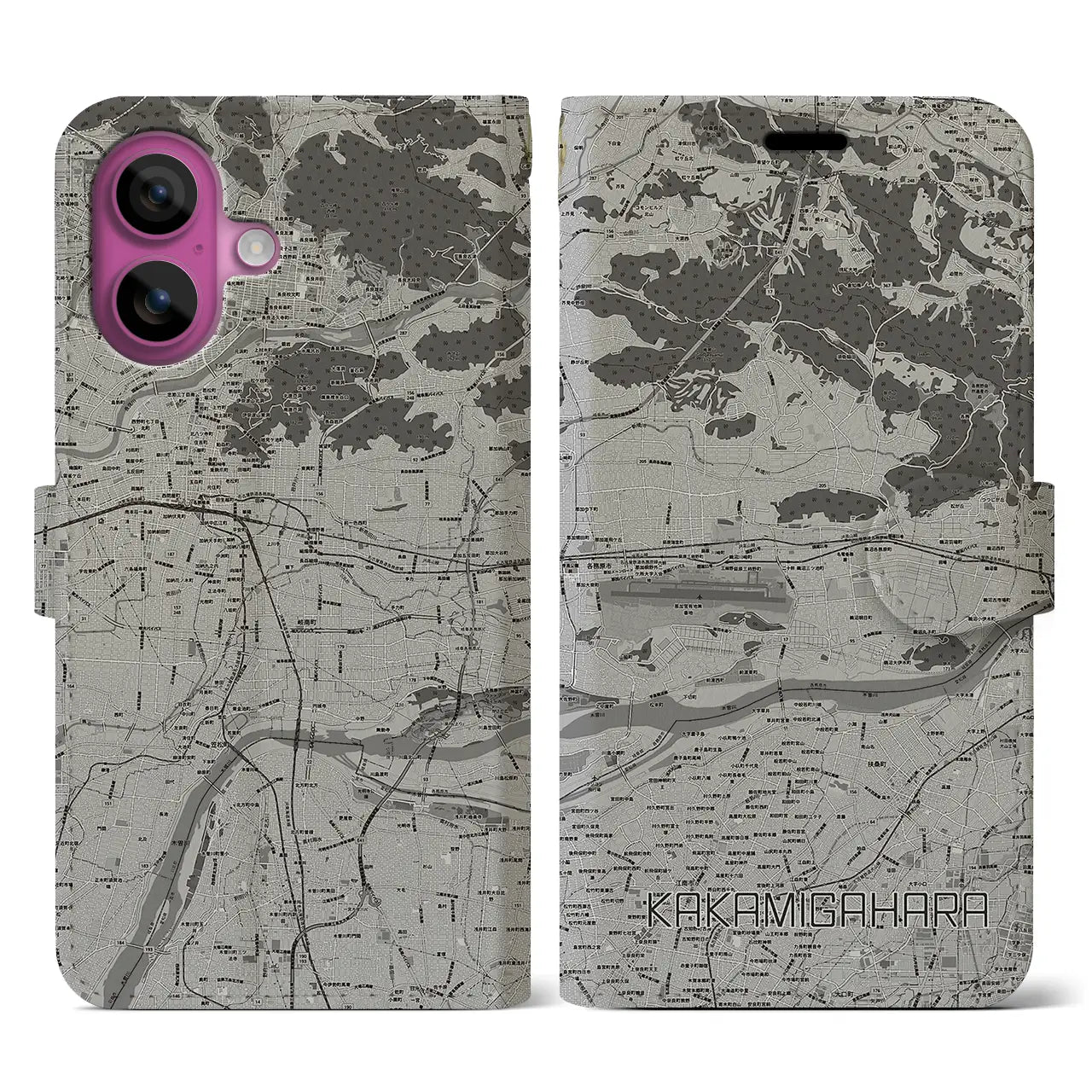 【各務原(岐阜県)】地図柄iPhoneケース(手帳タイプ)モノトーン・iPhone 16 Pro 用