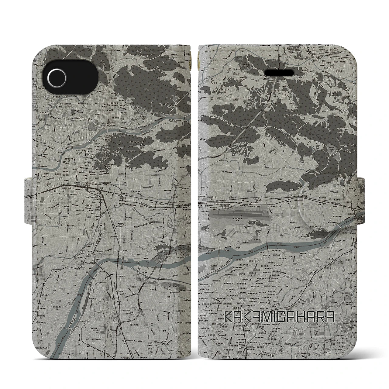【各務原(岐阜県)】地図柄iPhoneケース(手帳タイプ)モノトーン・iPhone SE(第3 / 第2世代) / 8 / 7 / 6s / 6 用
