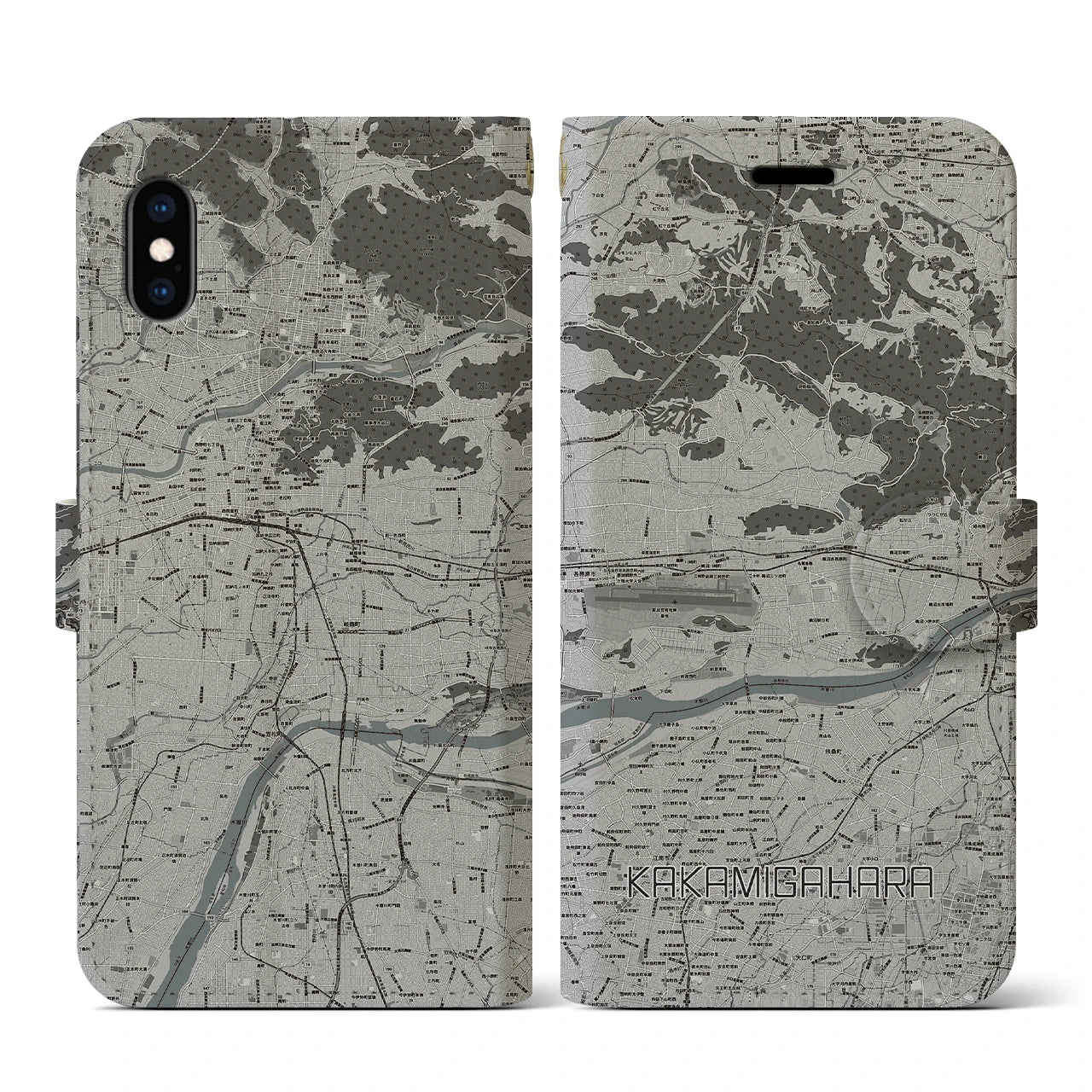 【各務原(岐阜県)】地図柄iPhoneケース(手帳タイプ)モノトーン・iPhone XS / X 用