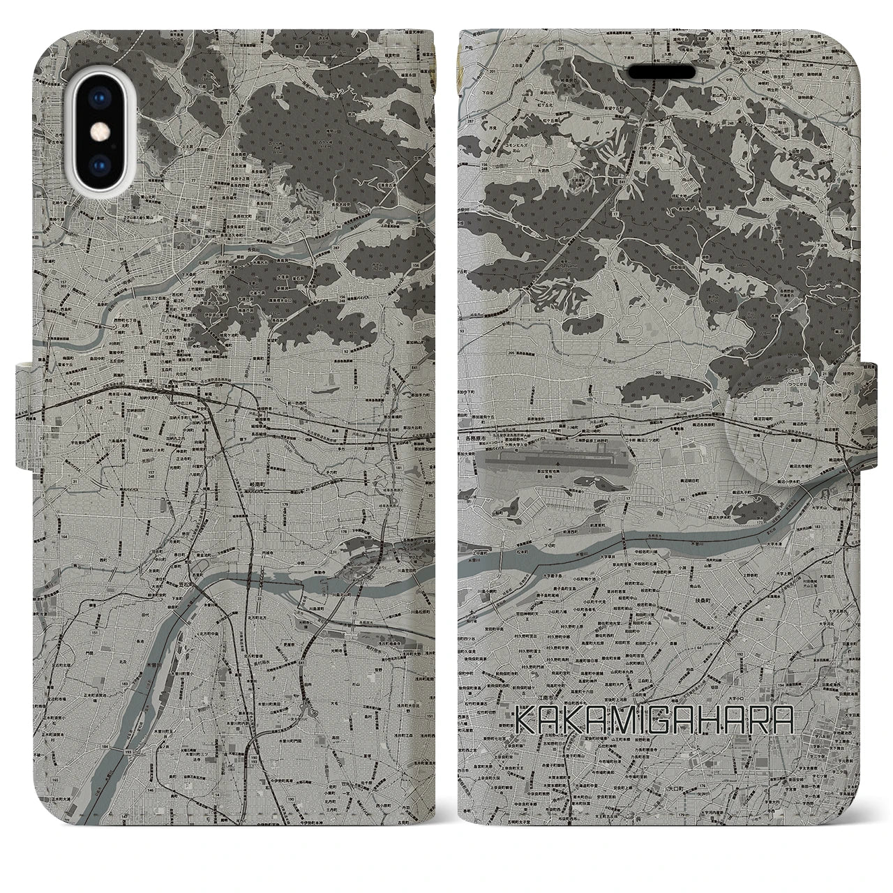 【各務原(岐阜県)】地図柄iPhoneケース(手帳タイプ)モノトーン・iPhone XS Max 用