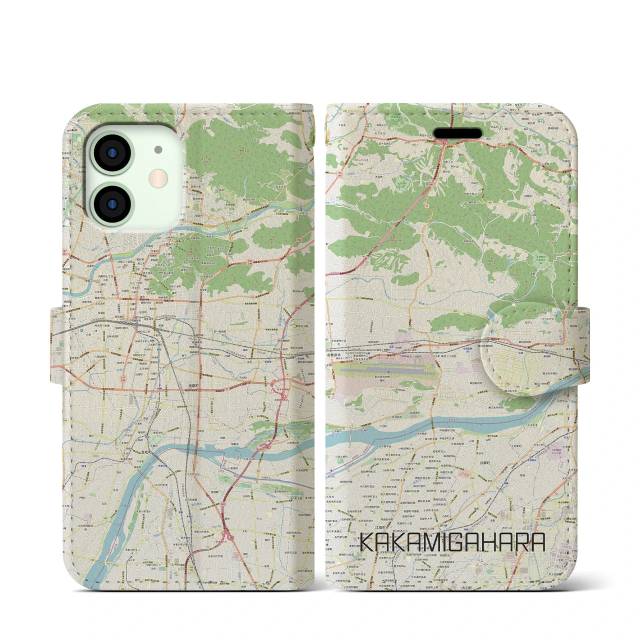 【各務原(岐阜県)】地図柄iPhoneケース(手帳タイプ)ナチュラル・iPhone 12 mini 用