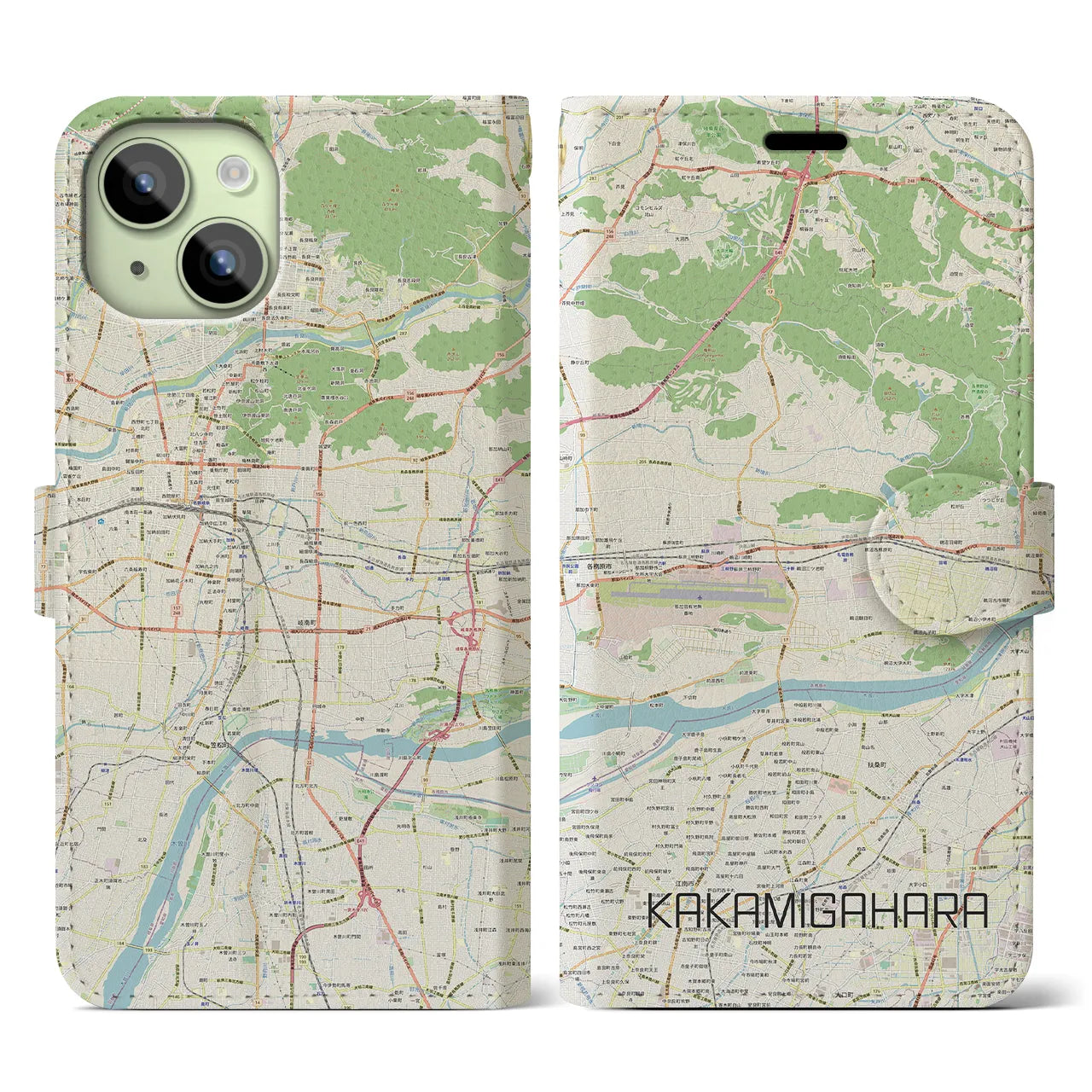 【各務原(岐阜県)】地図柄iPhoneケース(手帳タイプ)ナチュラル・iPhone 15 用