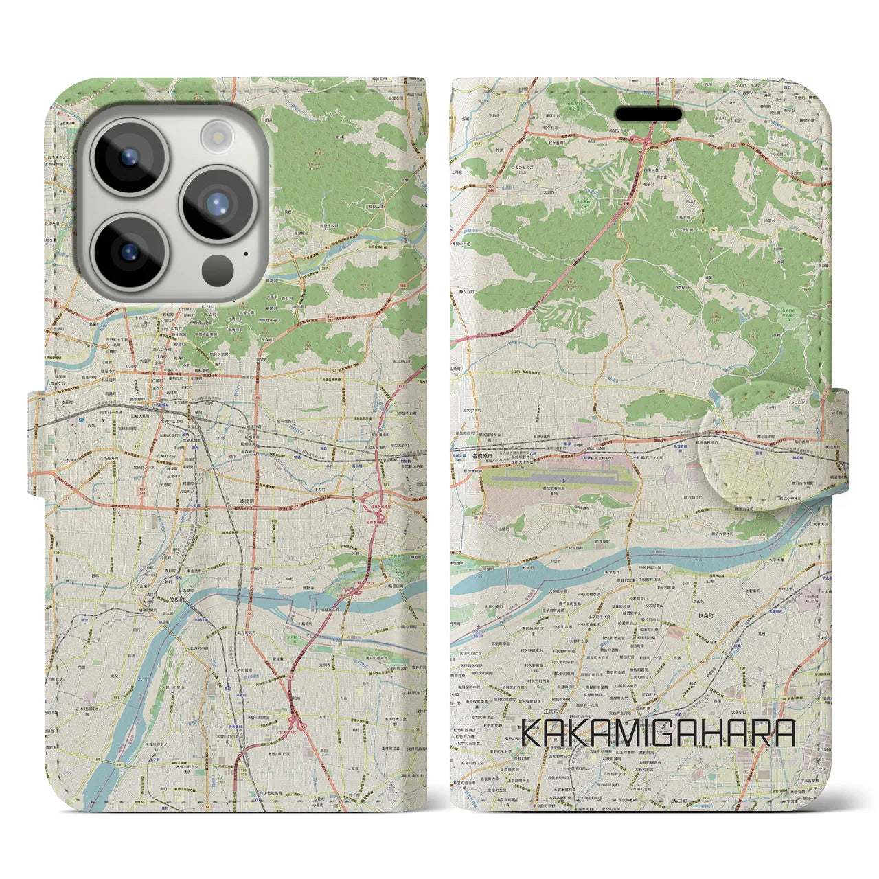 【各務原(岐阜県)】地図柄iPhoneケース(手帳タイプ)ナチュラル・iPhone 15 Pro 用