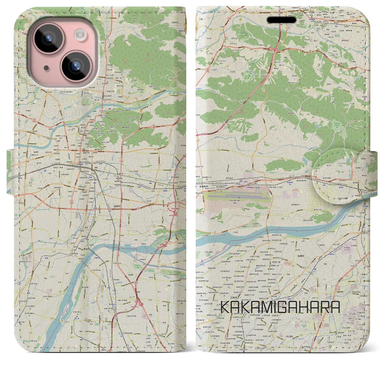 【各務原(岐阜県)】地図柄iPhoneケース(手帳タイプ)ナチュラル・iPhone 15 Plus 用