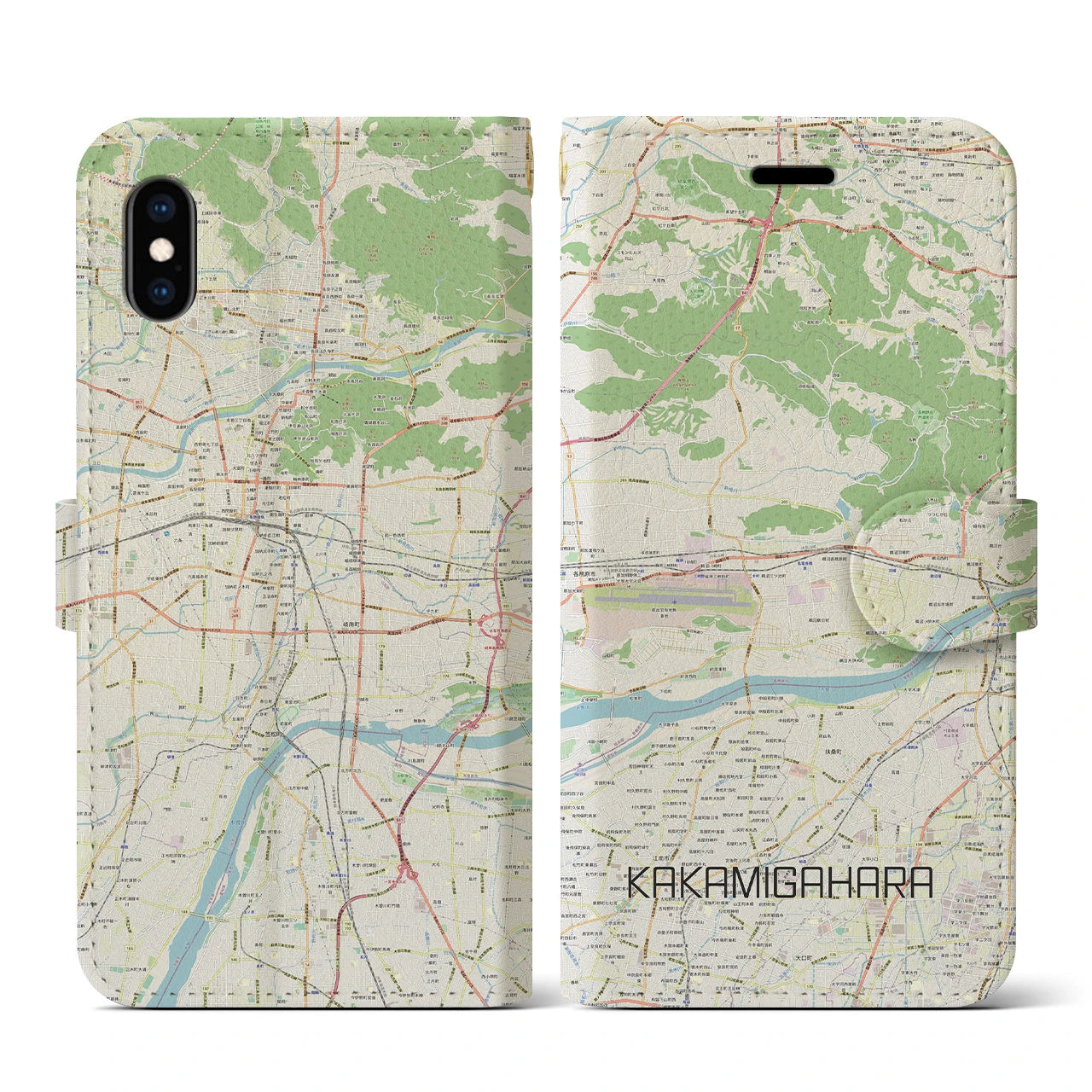 【各務原(岐阜県)】地図柄iPhoneケース(手帳タイプ)ナチュラル・iPhone XS / X 用