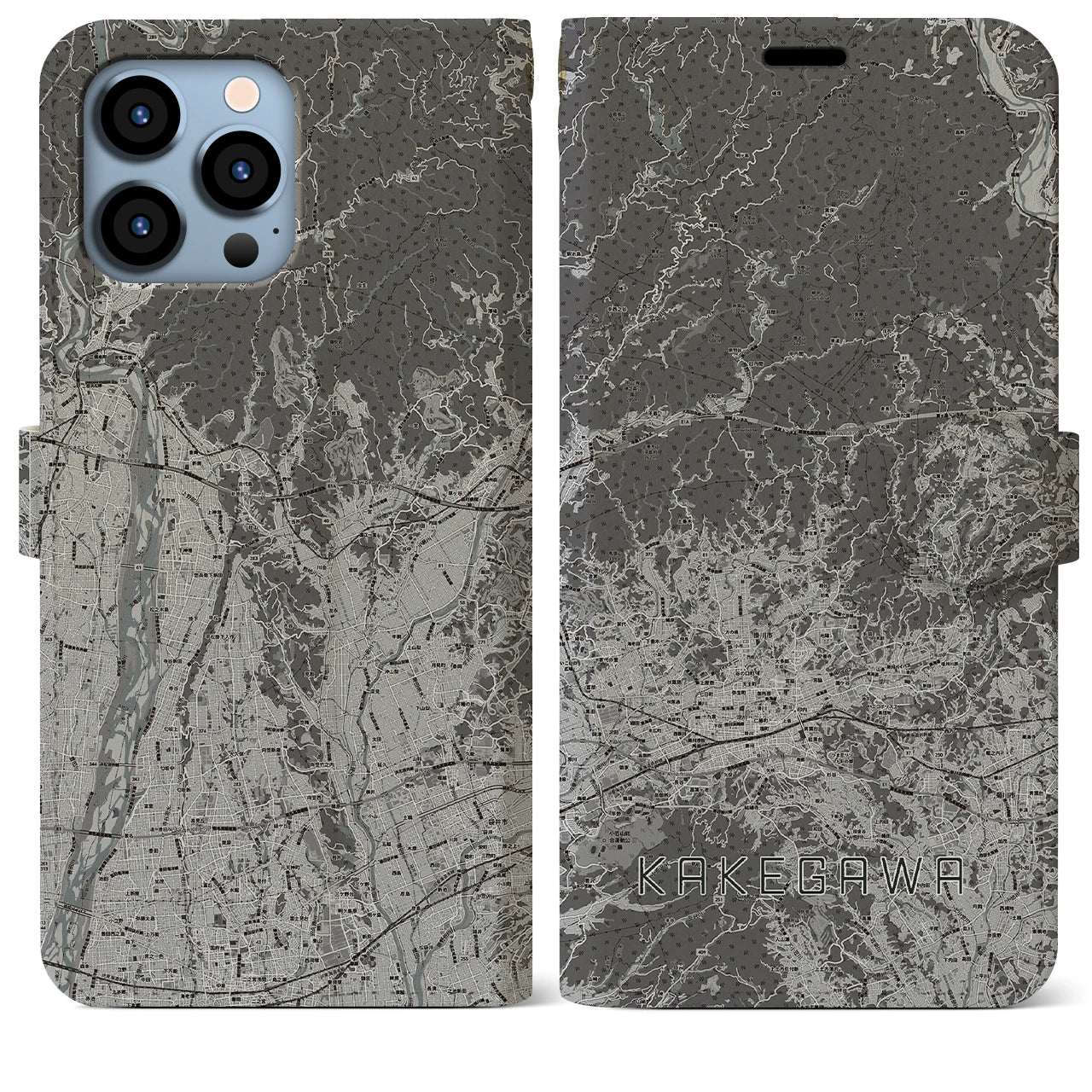 【掛川2(静岡県)】地図柄iPhoneケース(手帳タイプ)モノトーン・iPhone 13 Pro Max 用