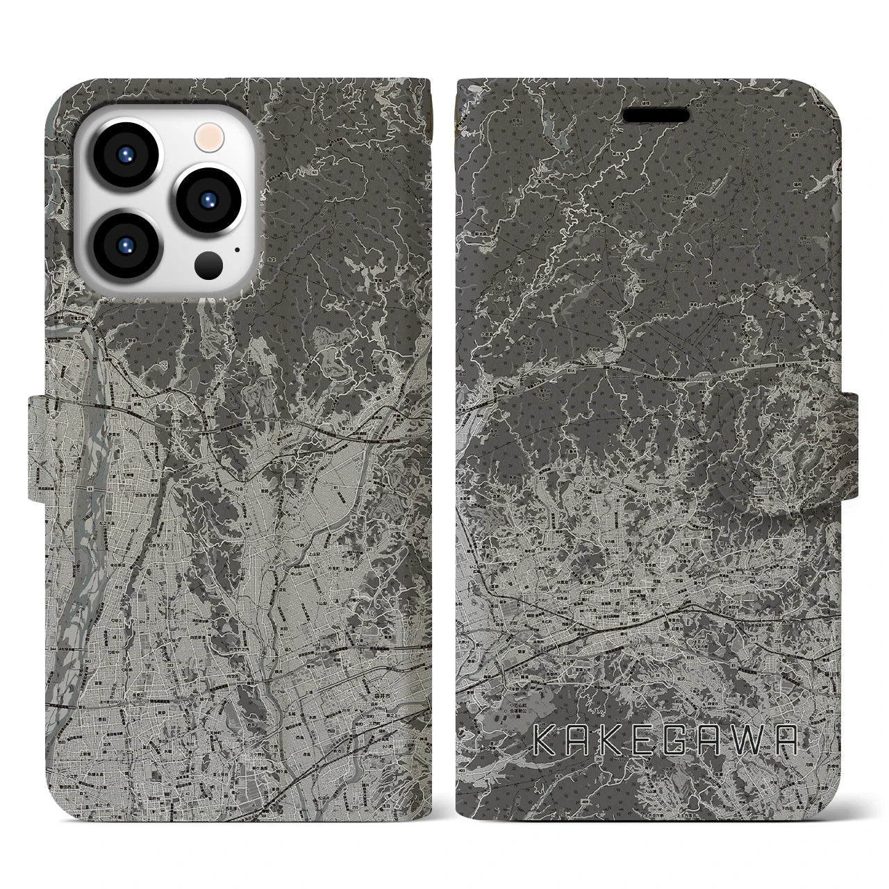 【掛川2(静岡県)】地図柄iPhoneケース(手帳タイプ)モノトーン・iPhone 13 Pro 用