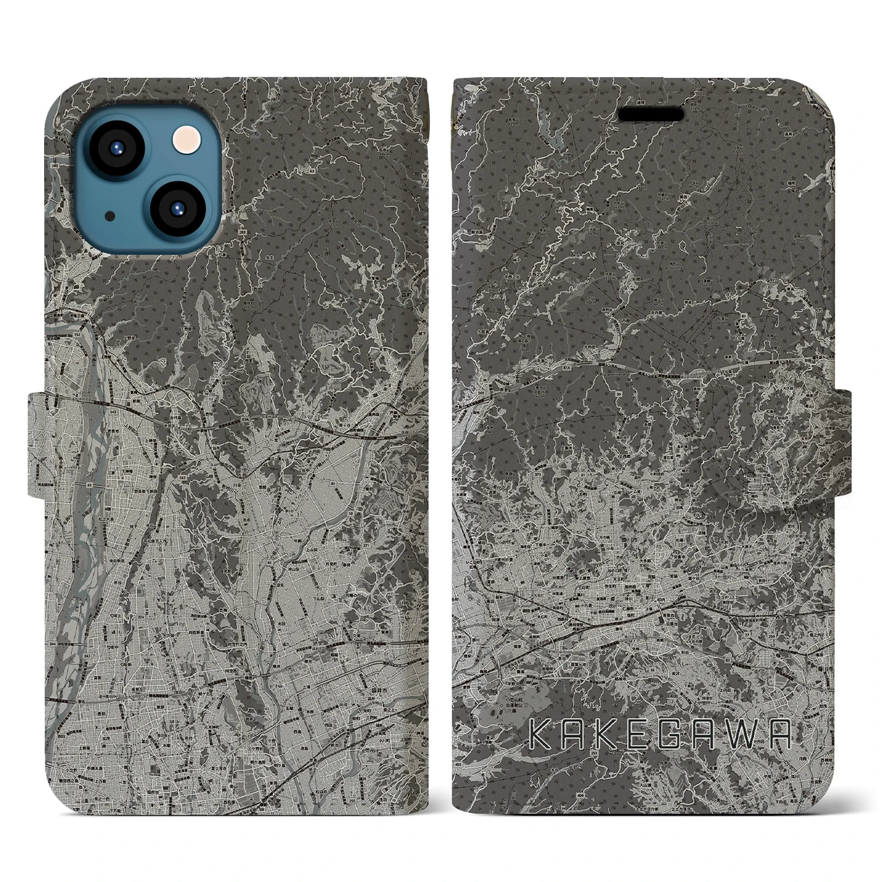【掛川2(静岡県)】地図柄iPhoneケース(手帳タイプ)モノトーン・iPhone 13 用