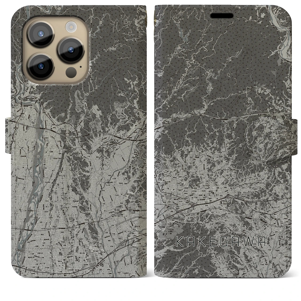 【掛川2(静岡県)】地図柄iPhoneケース(手帳タイプ)モノトーン・iPhone 14 Pro Max 用
