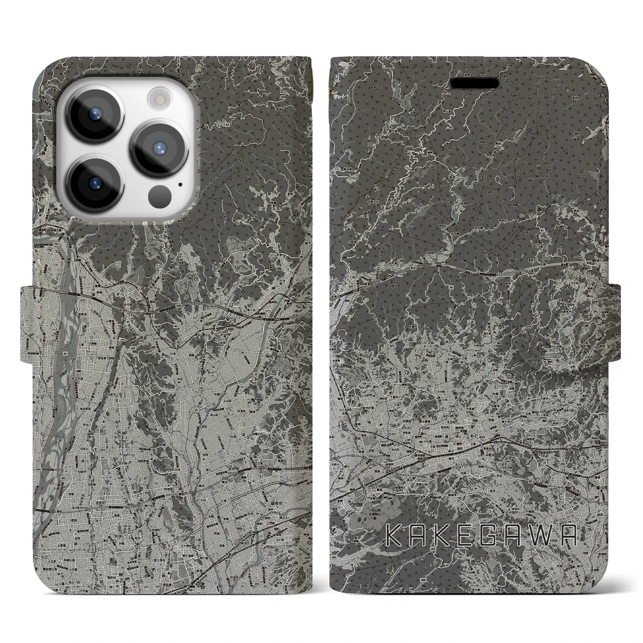 【掛川2(静岡県)】地図柄iPhoneケース(手帳タイプ)モノトーン・iPhone 14 Pro 用