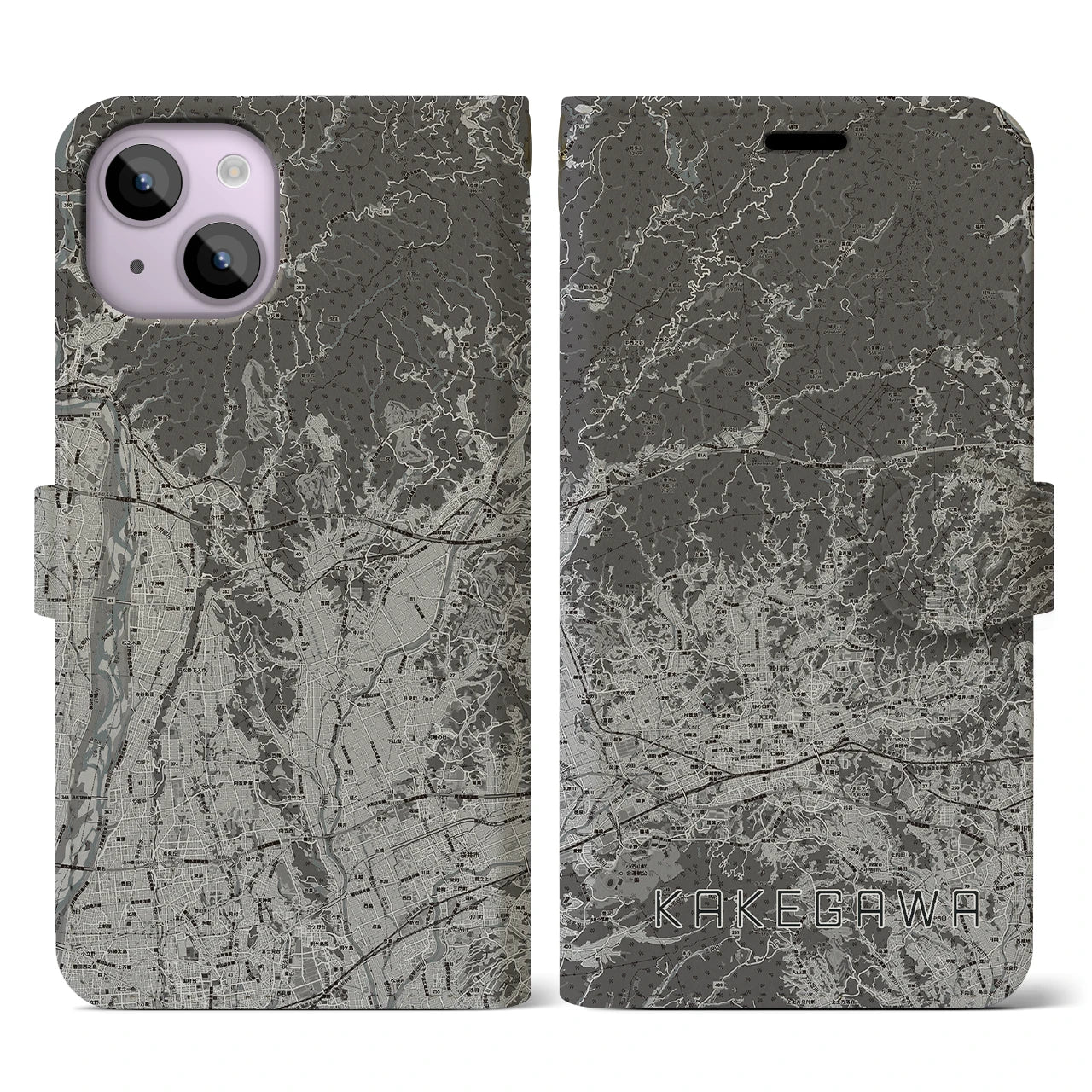 【掛川2(静岡県)】地図柄iPhoneケース(手帳タイプ)モノトーン・iPhone 14 用