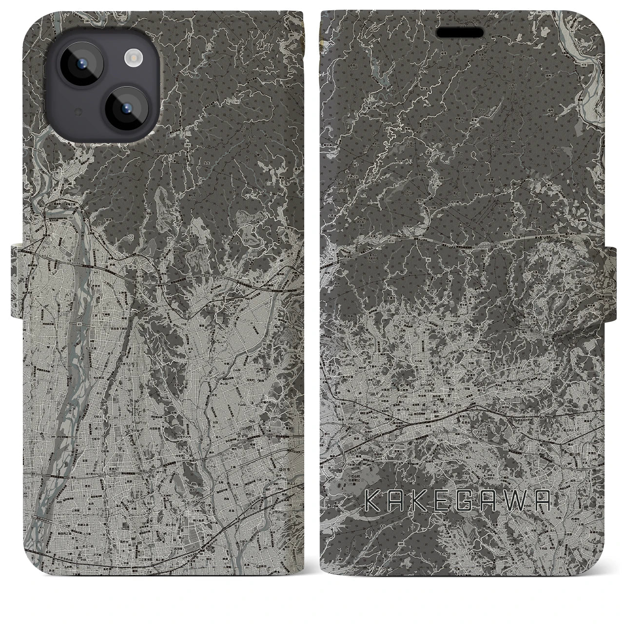 【掛川2(静岡県)】地図柄iPhoneケース(手帳タイプ)モノトーン・iPhone 14 Plus 用