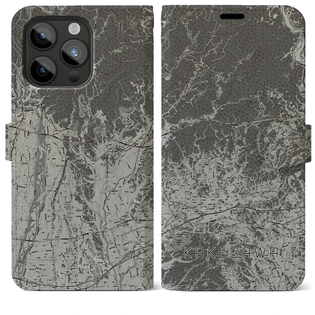 【掛川2(静岡県)】地図柄iPhoneケース(手帳タイプ)モノトーン・iPhone 15 Pro Max 用