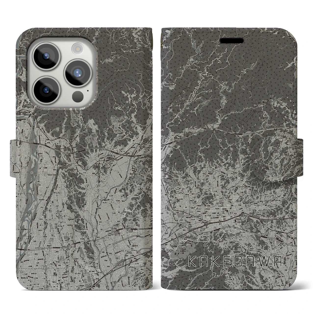 【掛川2(静岡県)】地図柄iPhoneケース(手帳タイプ)モノトーン・iPhone 15 Pro 用