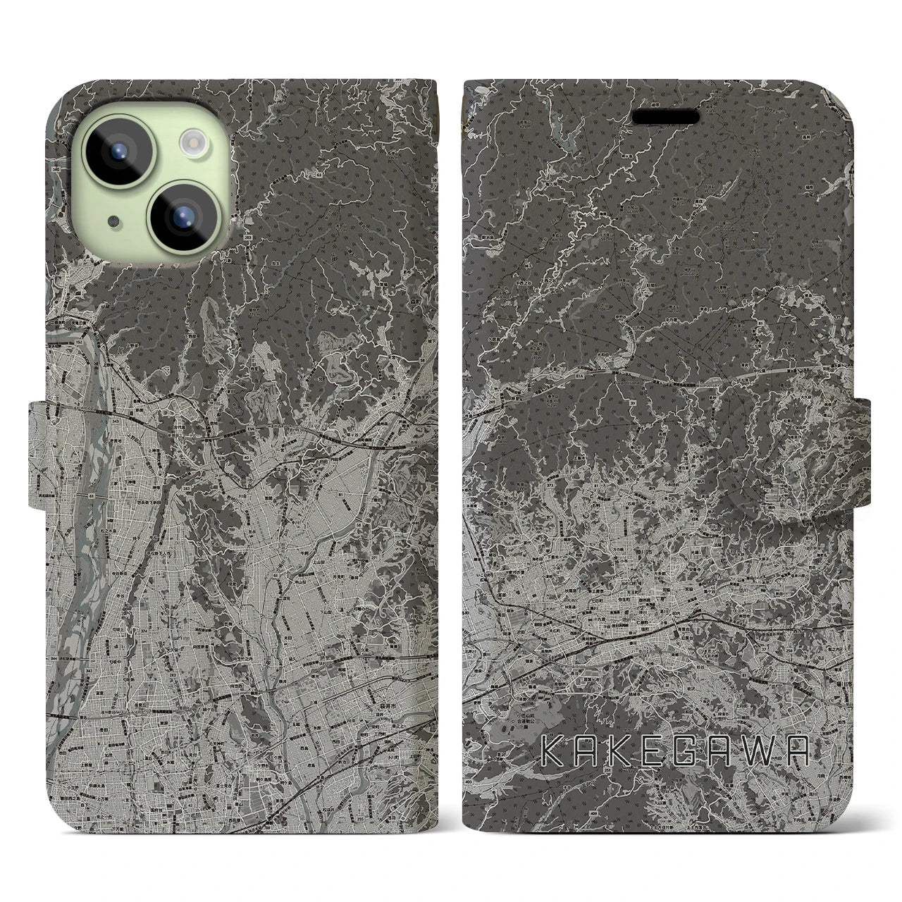 【掛川2(静岡県)】地図柄iPhoneケース(手帳タイプ)モノトーン・iPhone 15 用