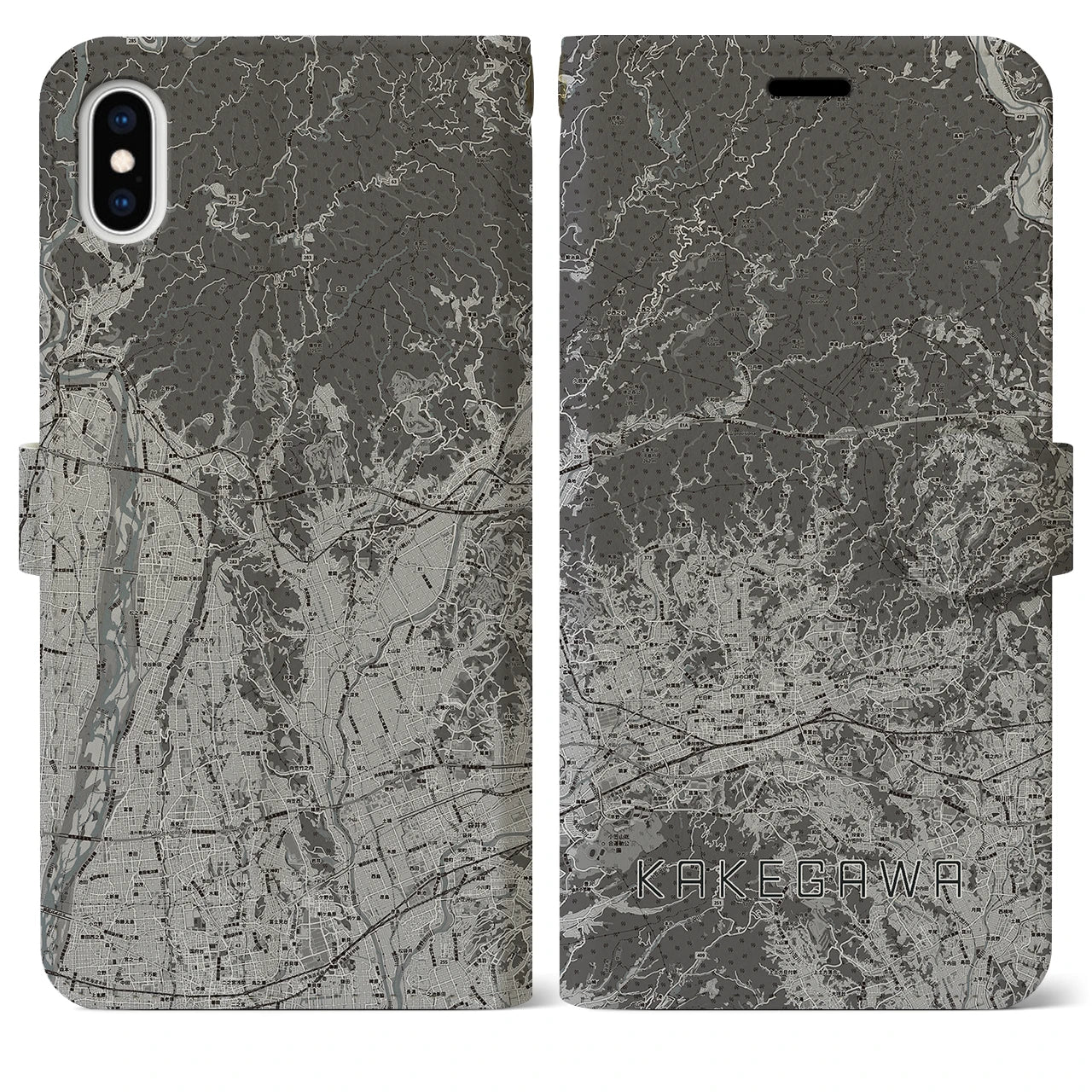 【掛川2(静岡県)】地図柄iPhoneケース(手帳タイプ)モノトーン・iPhone XS Max 用