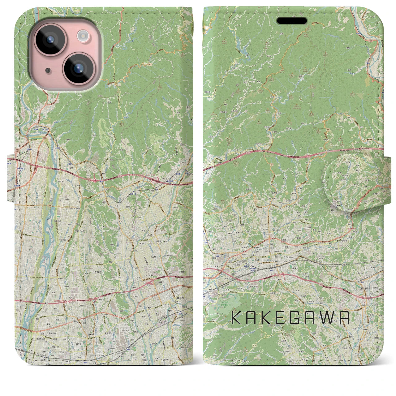 【掛川2(静岡県)】地図柄iPhoneケース(手帳タイプ)ナチュラル・iPhone 15 Plus 用