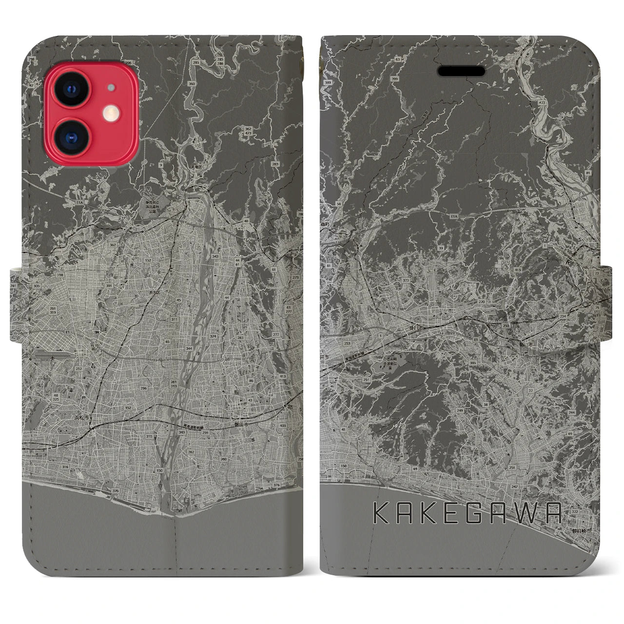 【掛川3(静岡県)】地図柄iPhoneケース(手帳タイプ)モノトーン・iPhone 11 用