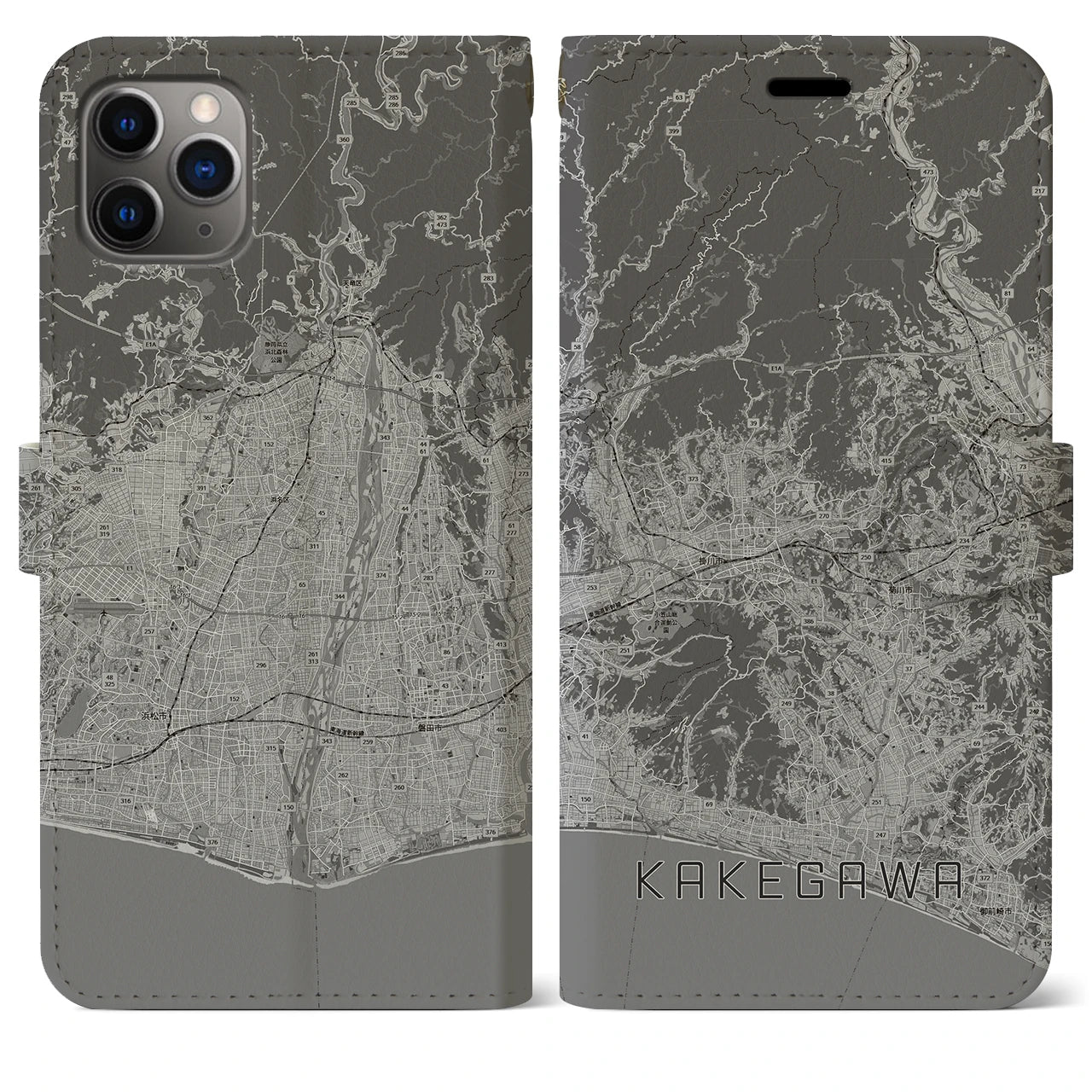 【掛川3(静岡県)】地図柄iPhoneケース(手帳タイプ)モノトーン・iPhone 11 Pro Max 用