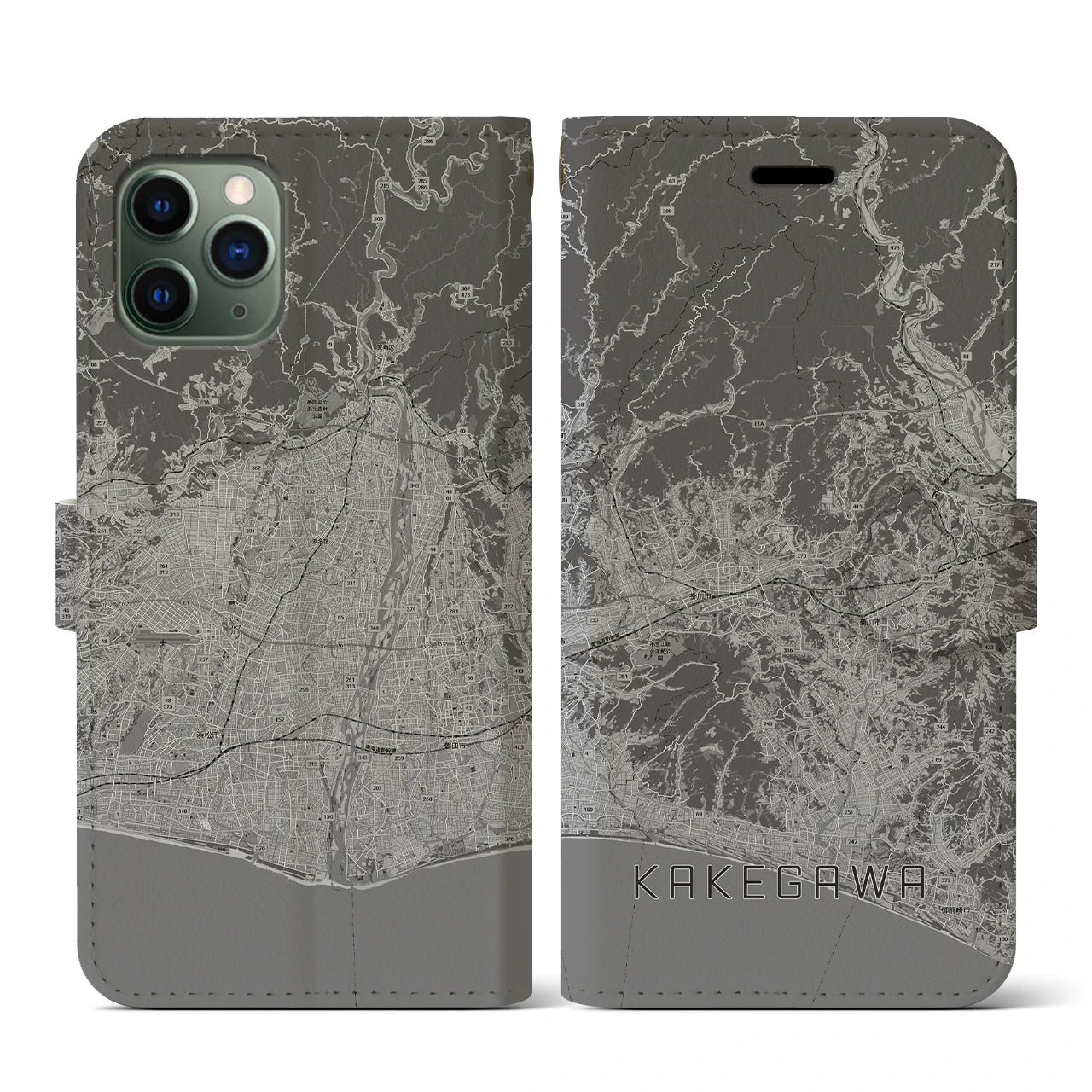 【掛川3(静岡県)】地図柄iPhoneケース(手帳タイプ)モノトーン・iPhone 11 Pro 用