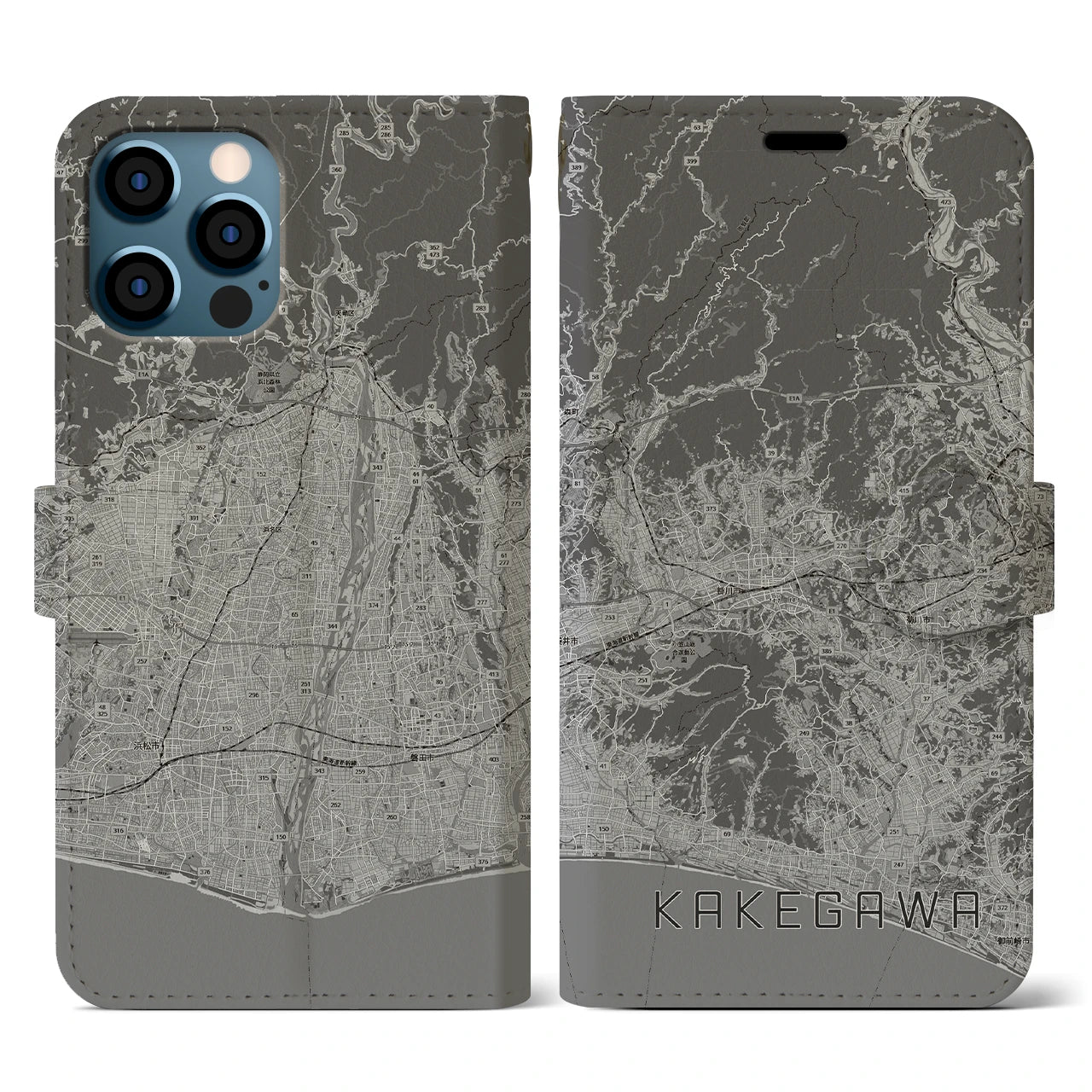 【掛川3(静岡県)】地図柄iPhoneケース(手帳タイプ)モノトーン・iPhone 12 / 12 Pro 用