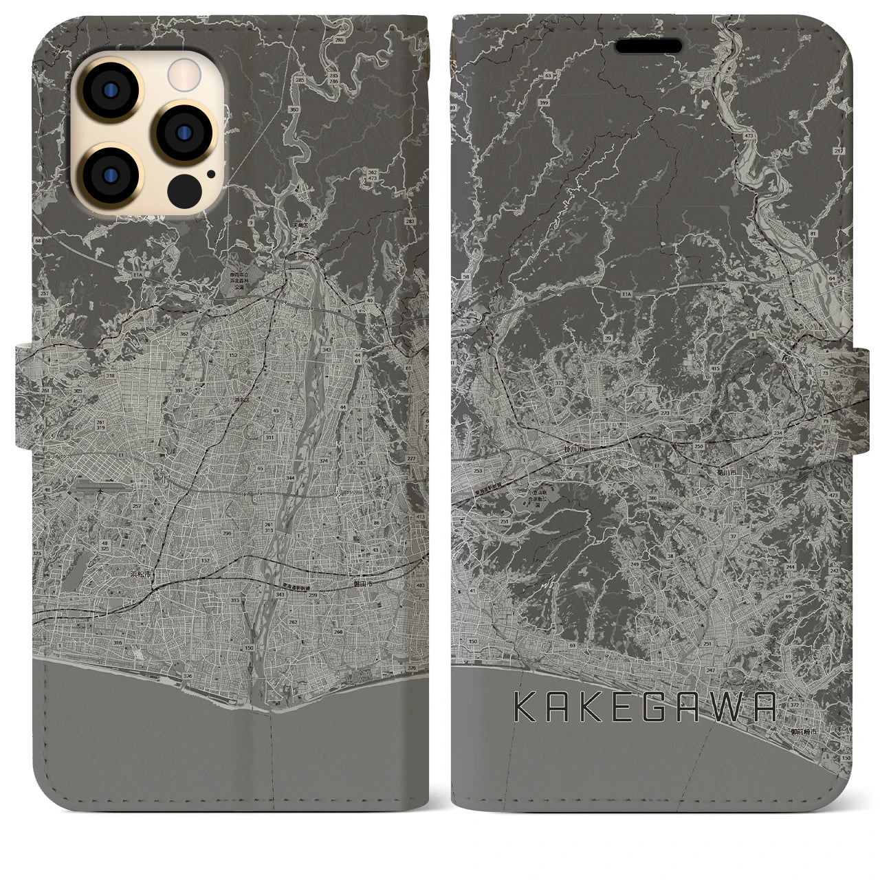 【掛川3(静岡県)】地図柄iPhoneケース(手帳タイプ)モノトーン・iPhone 12 Pro Max 用