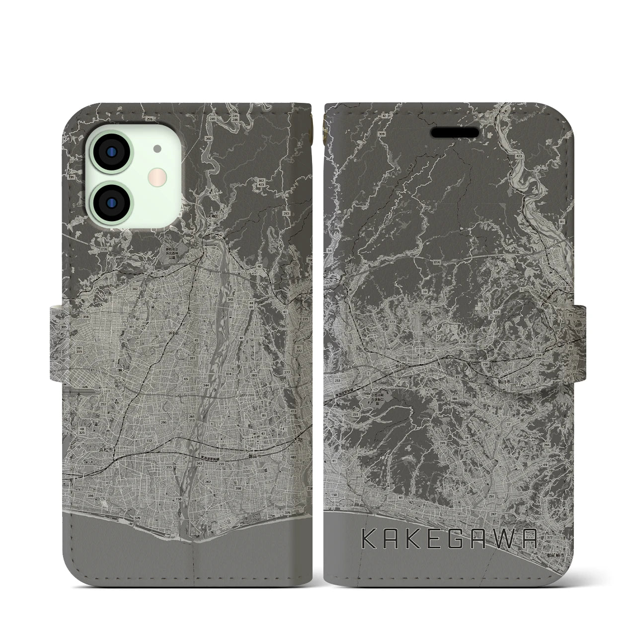 【掛川3(静岡県)】地図柄iPhoneケース(手帳タイプ)モノトーン・iPhone 12 mini 用