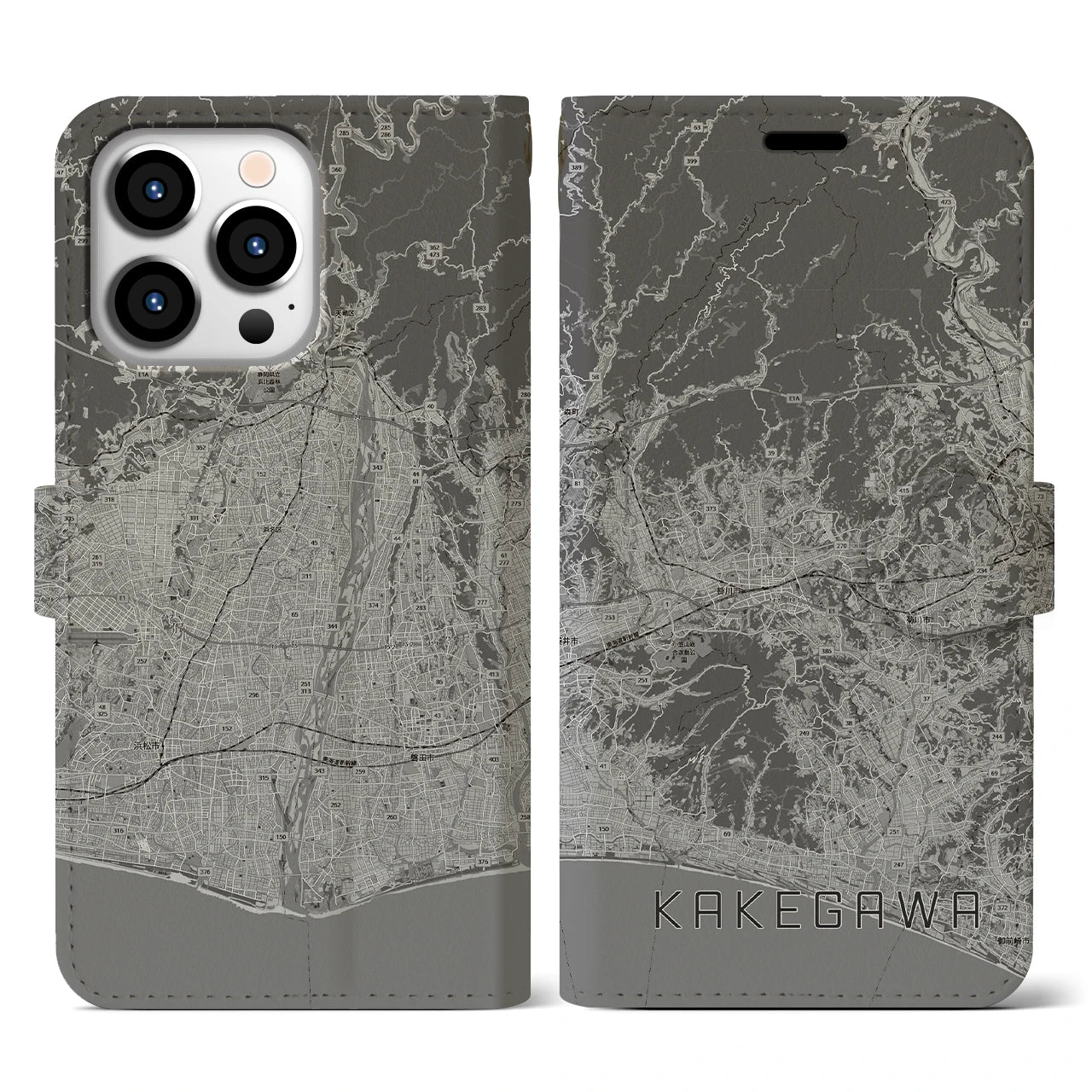 【掛川3(静岡県)】地図柄iPhoneケース(手帳タイプ)モノトーン・iPhone 13 Pro 用