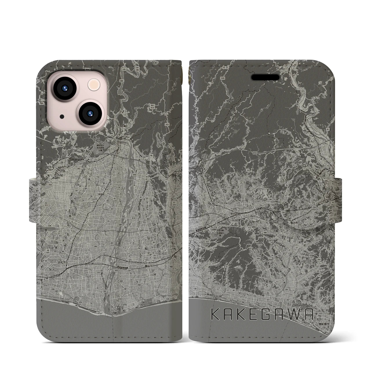 【掛川3(静岡県)】地図柄iPhoneケース(手帳タイプ)モノトーン・iPhone 13 mini 用