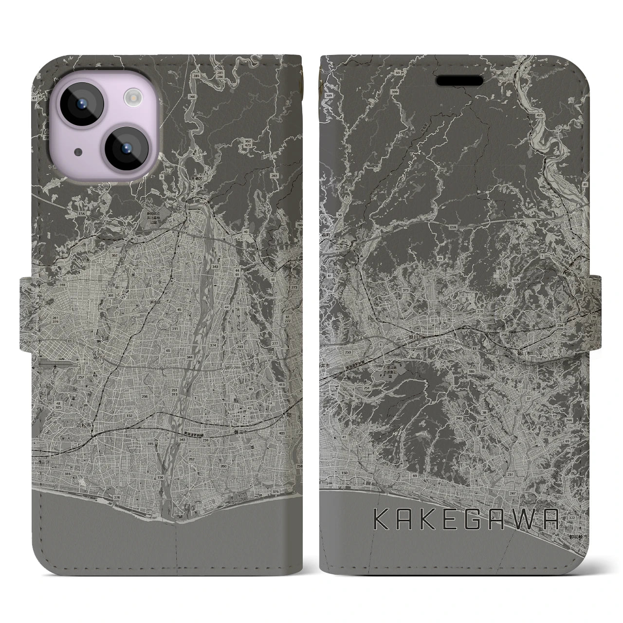 【掛川3(静岡県)】地図柄iPhoneケース(手帳タイプ)モノトーン・iPhone 14 用