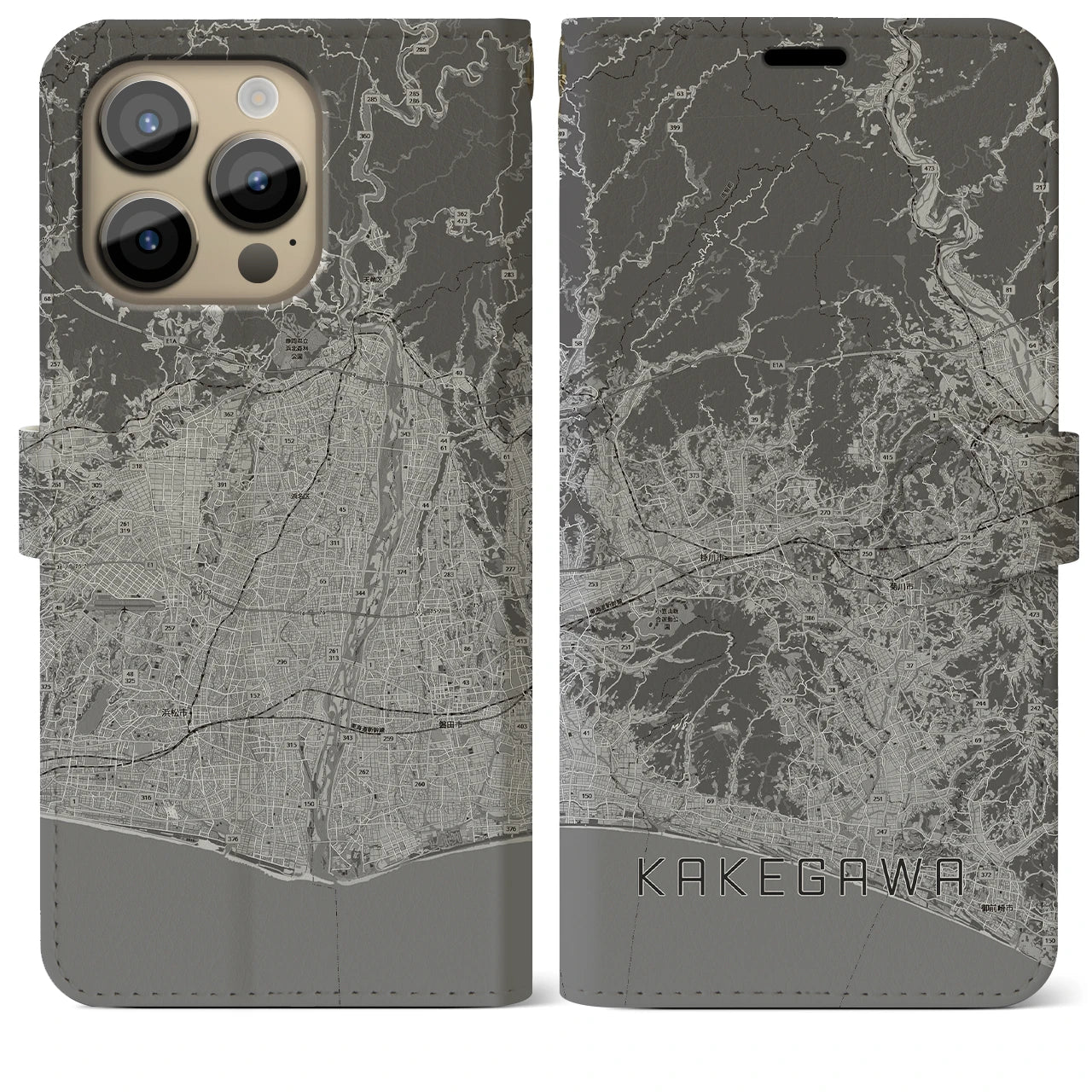 【掛川3(静岡県)】地図柄iPhoneケース(手帳タイプ)モノトーン・iPhone 14 Pro Max 用