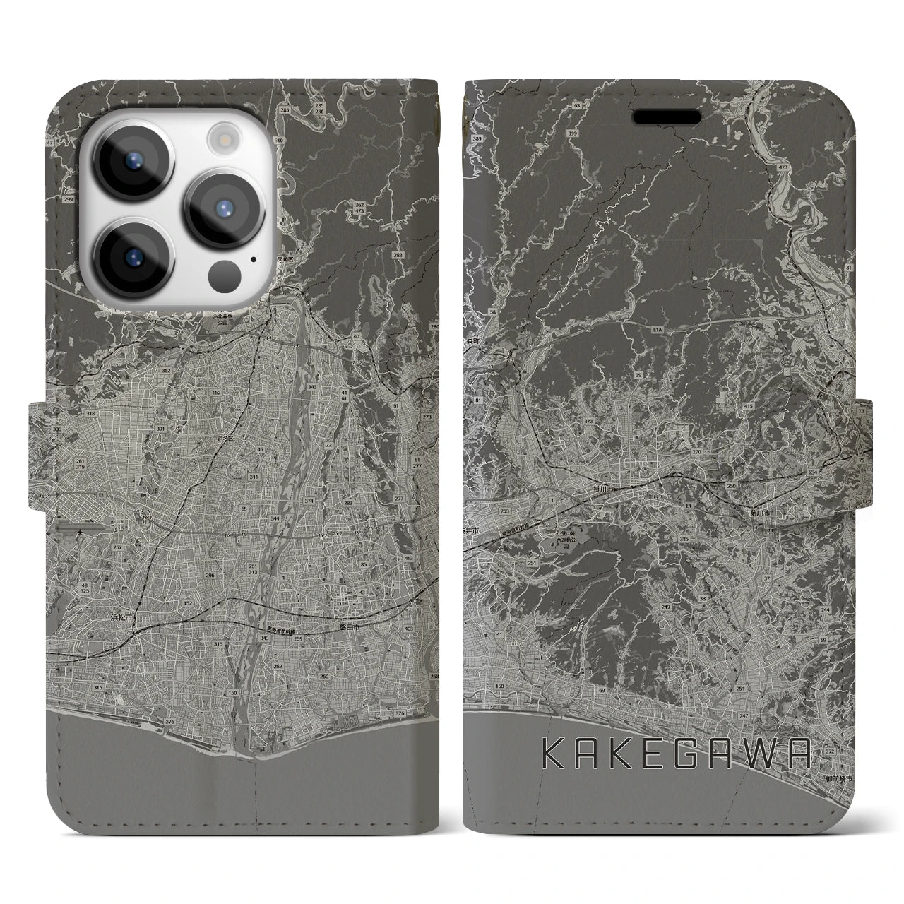 【掛川3(静岡県)】地図柄iPhoneケース(手帳タイプ)モノトーン・iPhone 14 Pro 用