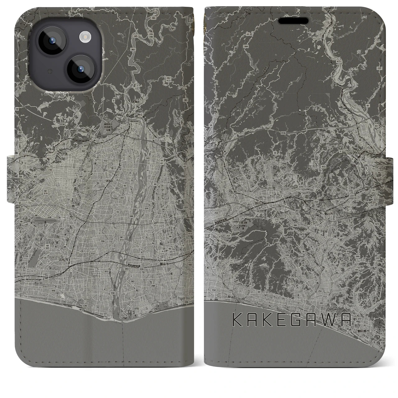 【掛川3(静岡県)】地図柄iPhoneケース(手帳タイプ)モノトーン・iPhone 14 Plus 用