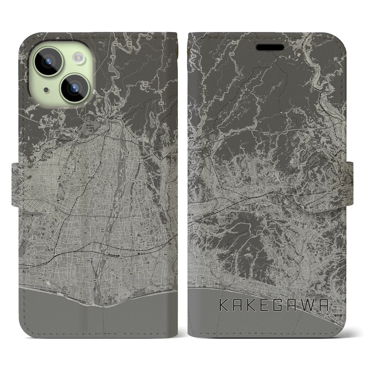 【掛川3(静岡県)】地図柄iPhoneケース(手帳タイプ)モノトーン・iPhone 15 用