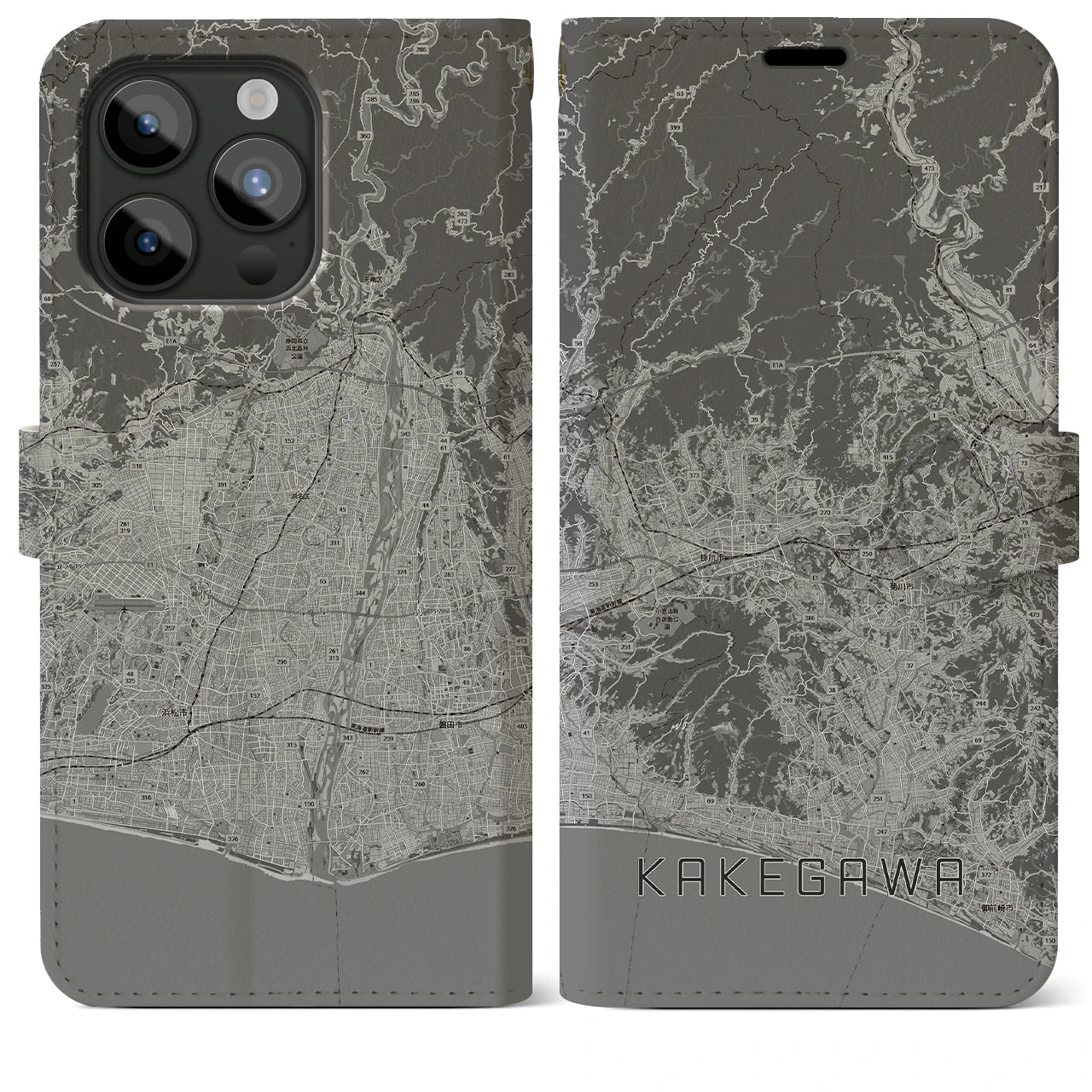 【掛川3(静岡県)】地図柄iPhoneケース(手帳タイプ)モノトーン・iPhone 15 Pro Max 用