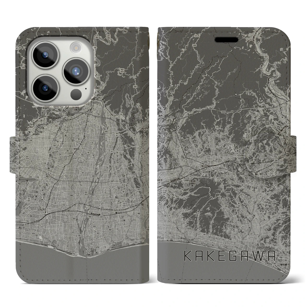 【掛川3(静岡県)】地図柄iPhoneケース(手帳タイプ)モノトーン・iPhone 15 Pro 用