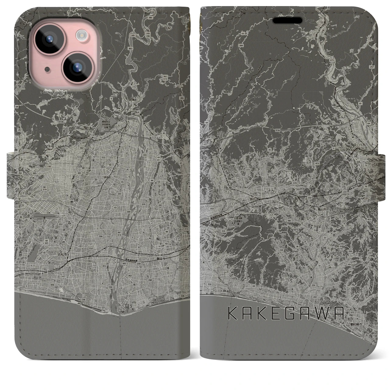 【掛川3(静岡県)】地図柄iPhoneケース(手帳タイプ)モノトーン・iPhone 15 Plus 用