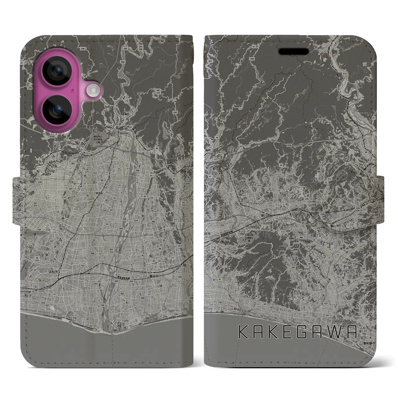 【掛川3(静岡県)】地図柄iPhoneケース(手帳タイプ)モノトーン・iPhone 16 Pro 用