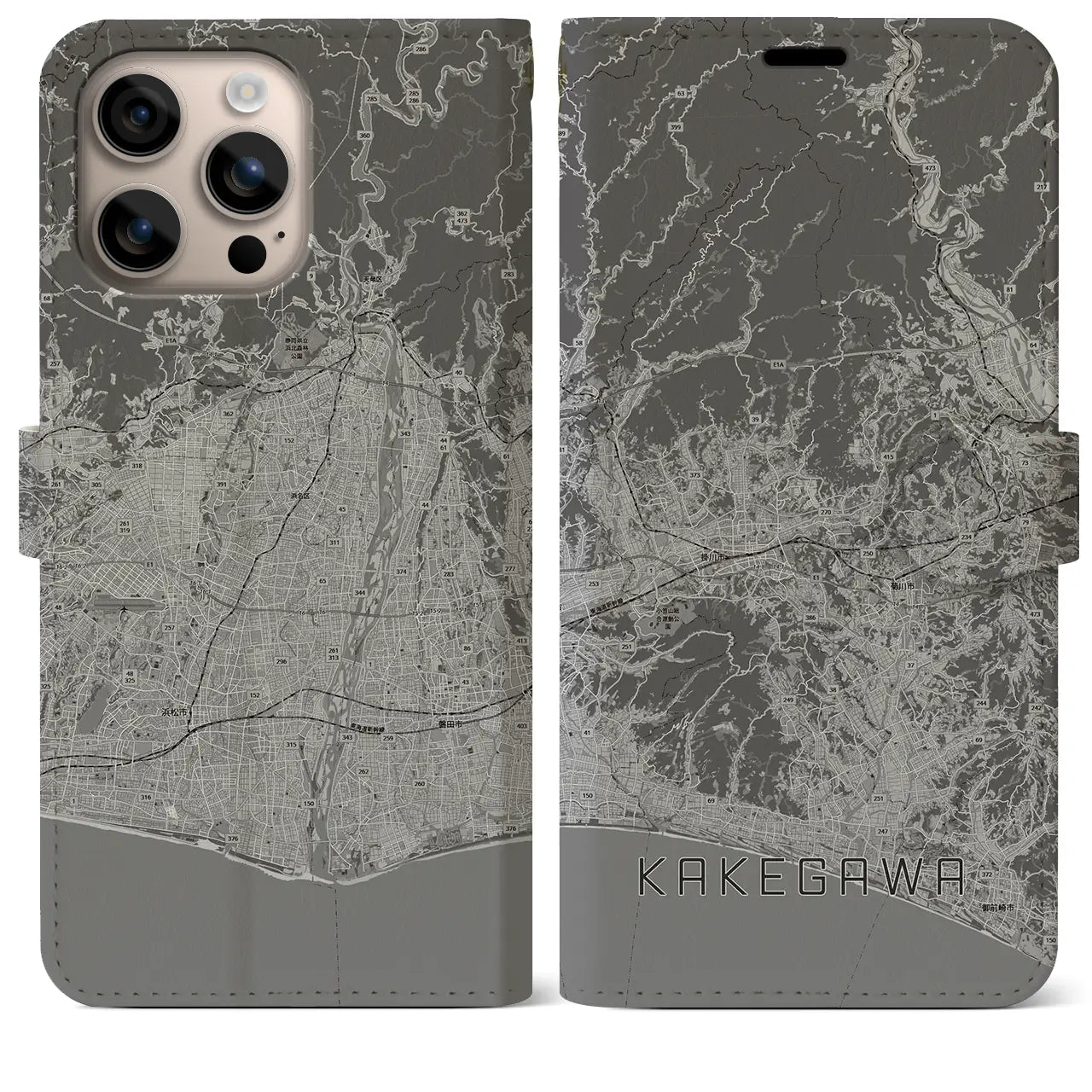 【掛川3(静岡県)】地図柄iPhoneケース(手帳タイプ)モノトーン・iPhone 16 Plus 用